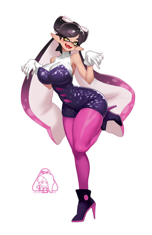 1girls, big breasts, blush, breasts, callie (splatoon), female, female only, gloves, huge breasts, little blood, long hair, mole, mole under eye, nintendo, open mouth, simple background, solo, solo female, splatoon, splatoon (series), squid sisters, tentacle hair, thick thighs, thighs, two-tone hair, white background, white gloves, yellow eyes