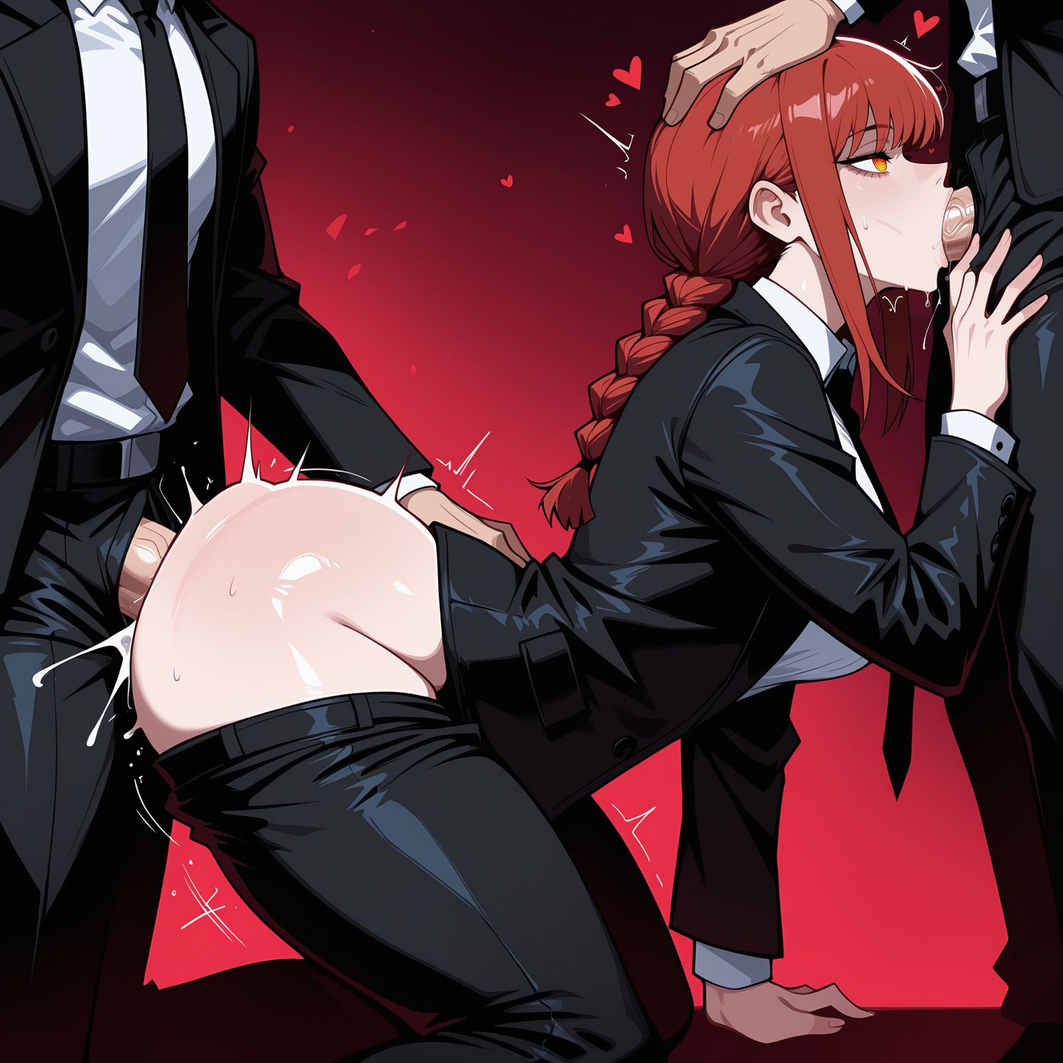 2boys, ai generated, all fours, anal, ass, bangs, black jacket, black necktie, black neckwear, black pants, black suit, blush, braid, braided ponytail, breasts, chainsaw man, clothed sex, clothes pull, clothing, collared shirt, cum, cum in mouth, cum in pussy, cum overflow, doggy style, double penetration, fellatio, female, formal, from side, gradient background, group sex, hand on another's head, huge ass, irrumatio, jacket, large breasts, long hair, long sleeves, lunaart, makima (chainsaw man), male, mmf threesome, multiple boys, necktie, neckwear, oral, orange eyes, pants, pants pull, penis, ponytail, red background, red hair, ringed eyes, sex, sex from behind, shirt, sidelocks, solo focus, spitroast, straight, suit, taken from behind, thick thighs, thighs, threesome, veiny penis, white shirt, yellow eyes
