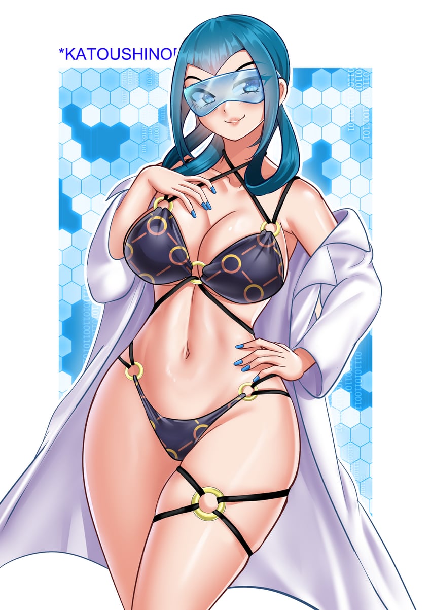 1girls, artist name, big breasts, bikini, blue bikini, blue eyes, blue hair, blue nails, border, breasts, cleavage, coat, cowboy shot, criss-cross halter, female, game freak, glasses, hair rings, halterneck, hand on breast, hand on own chest, hand on own hip, katou shinobu, labcoat, large breasts, light-skinned female, long sleeves, looking at viewer, mable (pokemon legends: z-a), mable (pokemon), momiji (pokemon legends: z-a), momiji (pokemon), nail polish, navel, nintendo, o-ring, o-ring bikini, o-ring bottom, o-ring thigh strap, o-ring top, off shoulder, open clothes, open coat, outside border, parted lips, pokemon, pokemon legends: z-a, skindentation, smile, solo, standing, swimsuit, thigh strap, tinted eyewear, very long fingernails, white border, white coat, wide hips