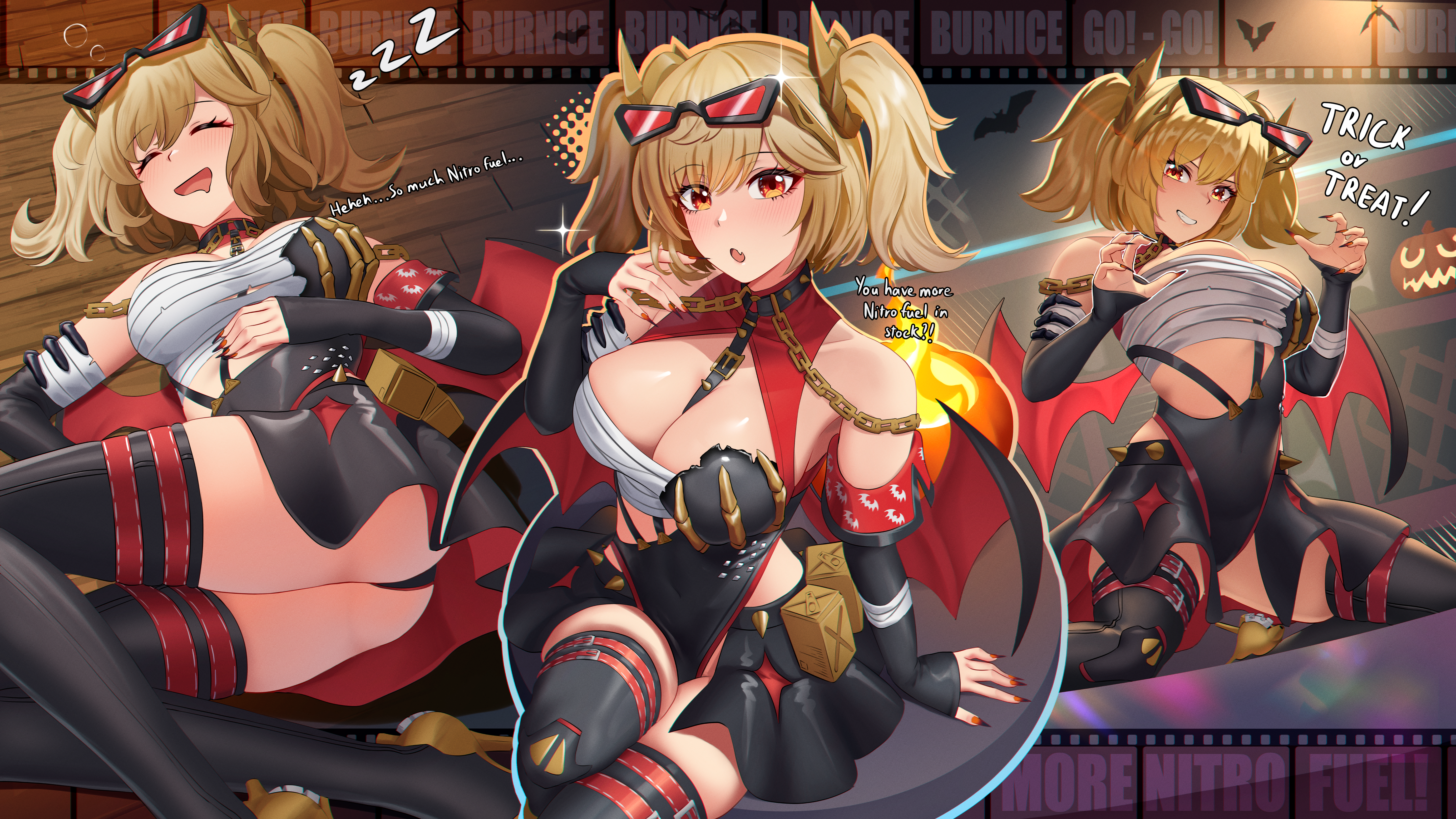 1girls, absurdres, alternate costume, black skirt, blonde hair, boots, breasts, brown eyes, burnice white, chest sarashi, commentary, cruzvu, english commentary, eyewear on head, female, female only, halloween, highres, jack-o'-lantern, large breasts, multiple views, open mouth, sarashi, skirt, sunglasses, thigh boots, two side up, zenless zone zero