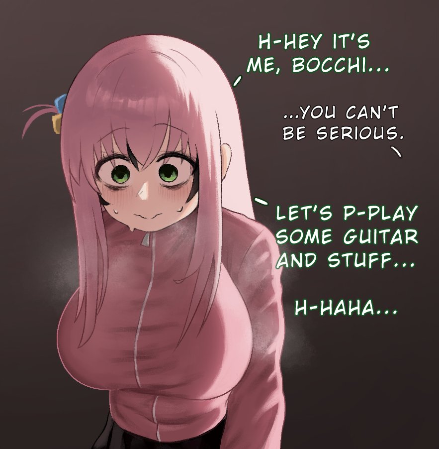 1girls, bags under eyes, blush, bocchi the rock!, breasts, cosplay, cube hair ornament, english text, female, female only, gotou hitori (cosplay), green eyes, hair between eyes, hair ornament, impersonation, jacket, kuroki tomoko, large breasts, long hair, long sleeves, looking down, messy hair, pink hair, pink jacket, pohui55, side ahoge, sidelocks, skirt, solo, sweat, sweatdrop, track jacket, upper body, watashi ga motenai no wa dou kangaetemo omaera ga warui!, wavy mouth, wig
