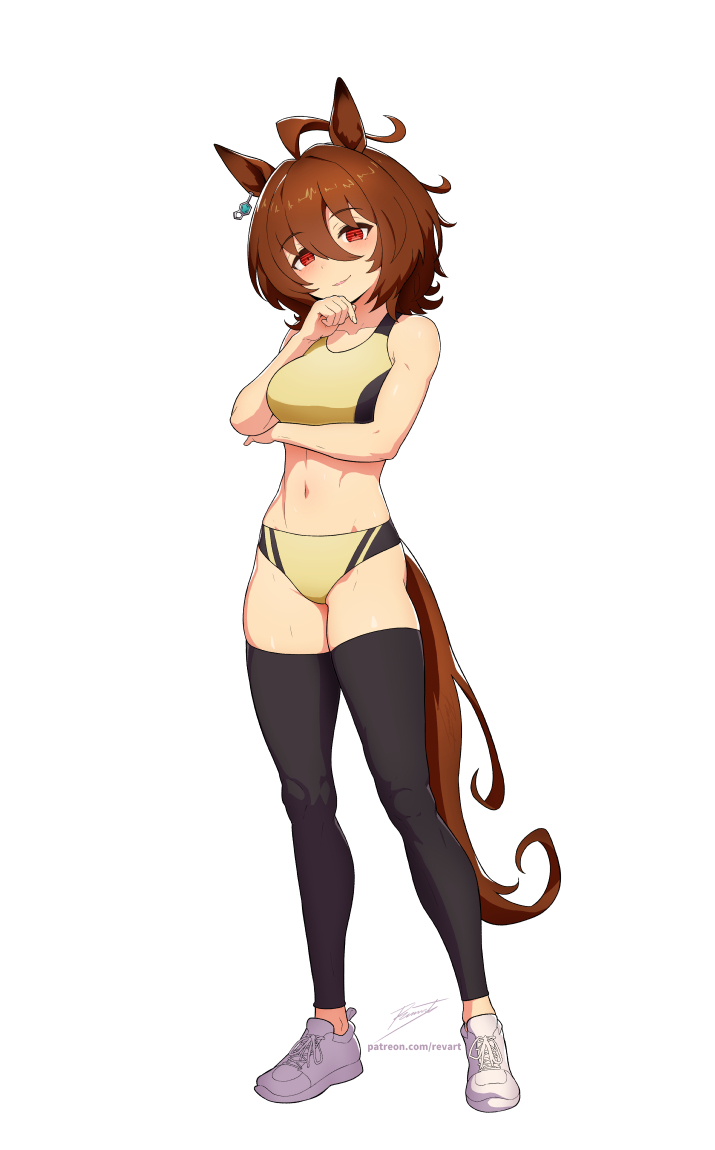 1girls, agnes tachyon (umamusume), ahoge, alternate costume, animal ears, arm under breasts, black thighhighs, blush, breasts, brown hair, brown tail, buruma, closed mouth, commentary, english commentary, female, female only, full body, hair between eyes, horse ears, horse girl, horse tail, huge ahoge, large breasts, long hair between eyes, looking at viewer, medium hair, navel, red eyes, revenantart, shoes, signature, simple background, smile, solo, sports bra, standing, tail, thighhighs, thighs, umamusume, watermark, web address, white background, white shoes, yellow buruma, yellow sports bra