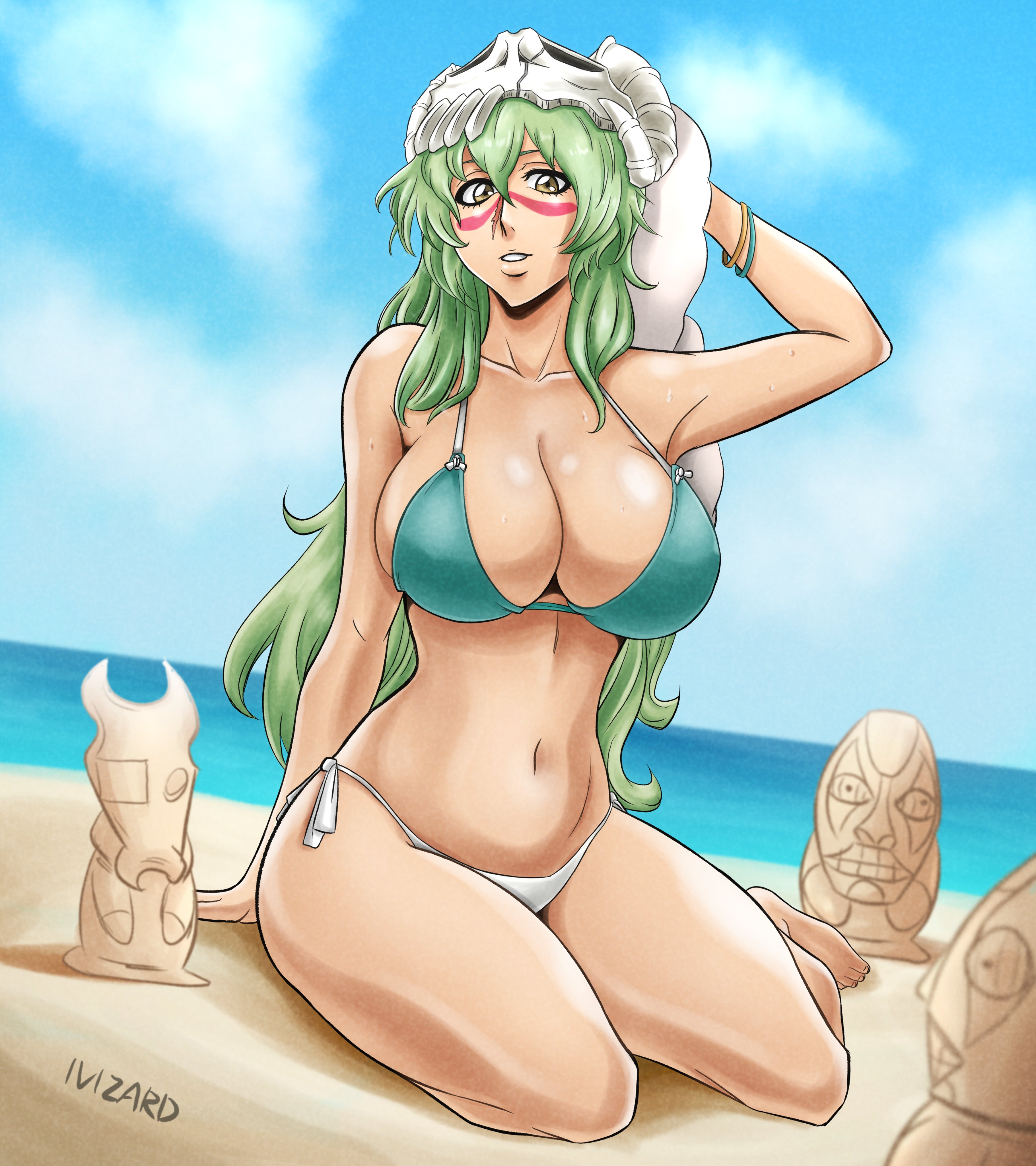 1girls, arm behind back, arm support, armpits, artist name, barefoot, beach, big breasts, bikini, bleach, breasts, busty, cleavage, drying, drying hair, drying own hair, espada, feet, female, female only, green bikini, green hair, highres, huge breasts, large breasts, legs, light-skinned female, long hair, looking at viewer, navel, nelliel tu odelschwanck, ocean, parted lips, pose, posing, sensual, sexy, sexy pose, sitting, smile, solo, swimsuit, teeth, thighs, towel, voluptuous, water, wet, yellow eyes
