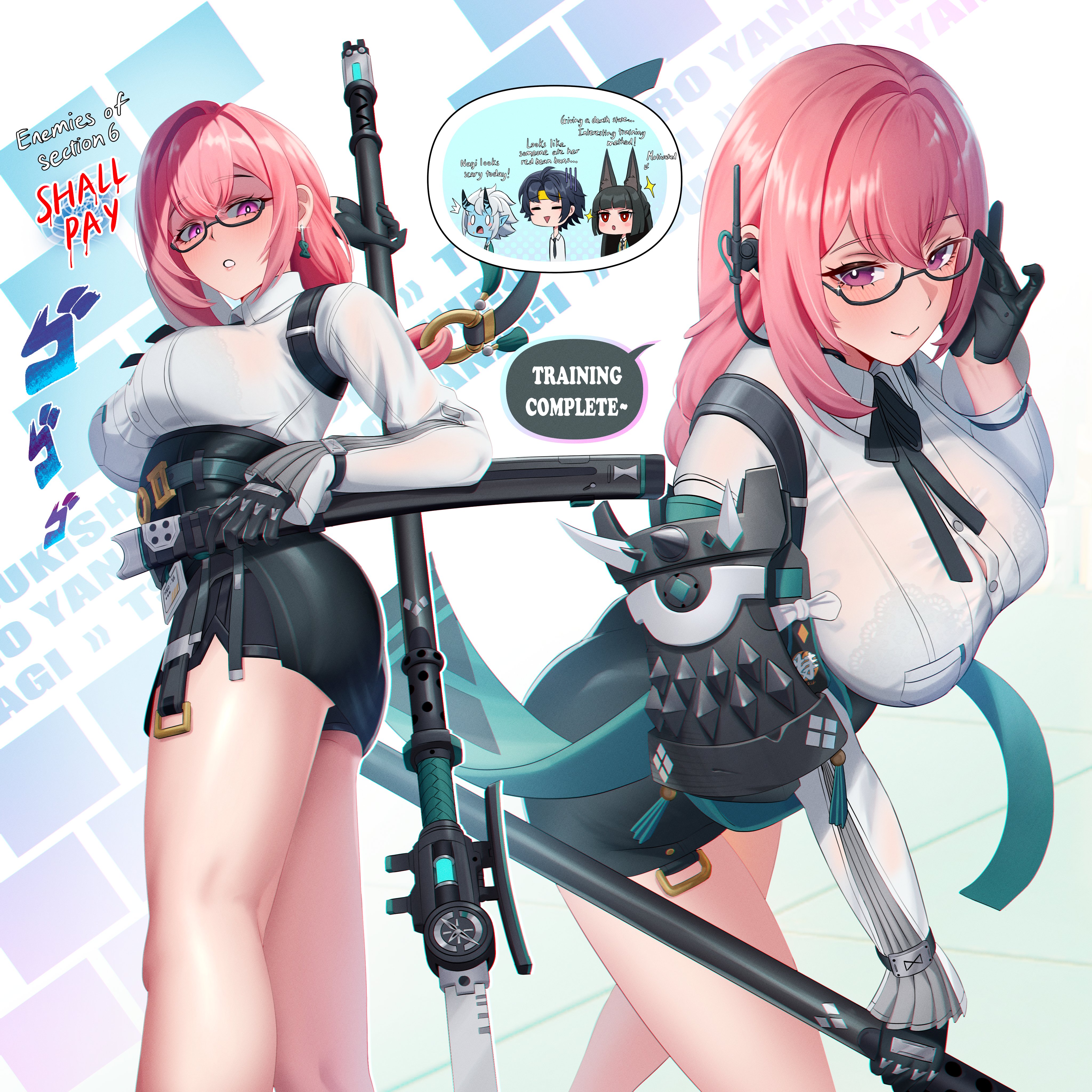 1girls, absurdres, adjusting eyewear, asaba harumasa, bare legs, black gloves, black ribbon, black skirt, black-framed eyewear, bra visible through clothes, breasts, bright pupils, button gap, closed mouth, collared shirt, commentary, cruzvu, earpiece, earrings, english commentary, english text, female, female only, glasses, gloves, hair between eyes, high-waist skirt, highres, holding, holding polearm, holding weapon, hoshimi miyabi, jewelry, large breasts, legs, long hair, looking at viewer, multiple views, naginata, neck ribbon, parted lips, partially shaded face, pink eyes, pink hair, polearm, ribbon, ring hair ornament, semi-rimless eyewear, shirt, sidelocks, skirt, smile, soukaku (zenless zone zero), tight clothes, tsukishiro yanagi, under-rim eyewear, weapon, white pupils, white shirt, zenless zone zero
