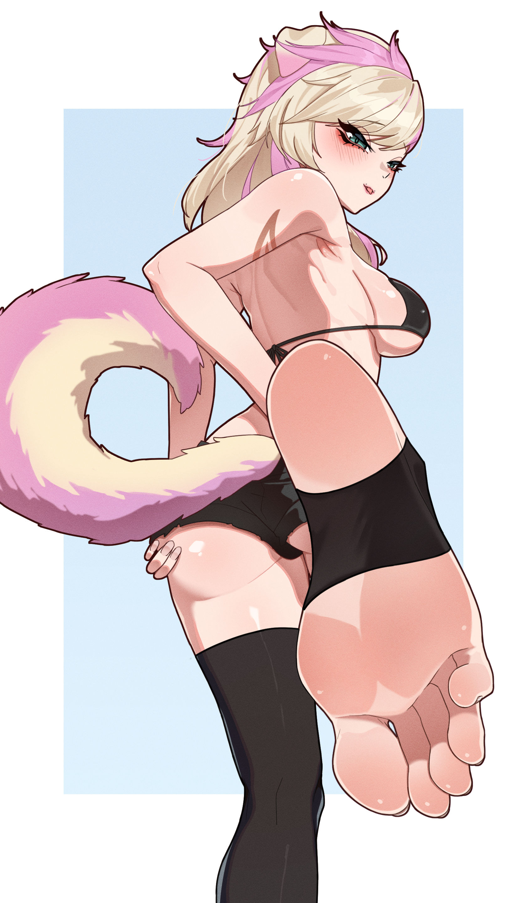 aqua eyes, ass grab, bikini top, blonde hair, body markings, dog girl, ecchi-o, emo hair, female, femdom, foot fetish, foot focus, lewdtuber, long nails, looking at viewer, looking back, minishorts, original character, peefdawg, pink soles, puppyc0ded, puppygirl, smug face, soles, stirrup legwear, thighhighs, tongue out