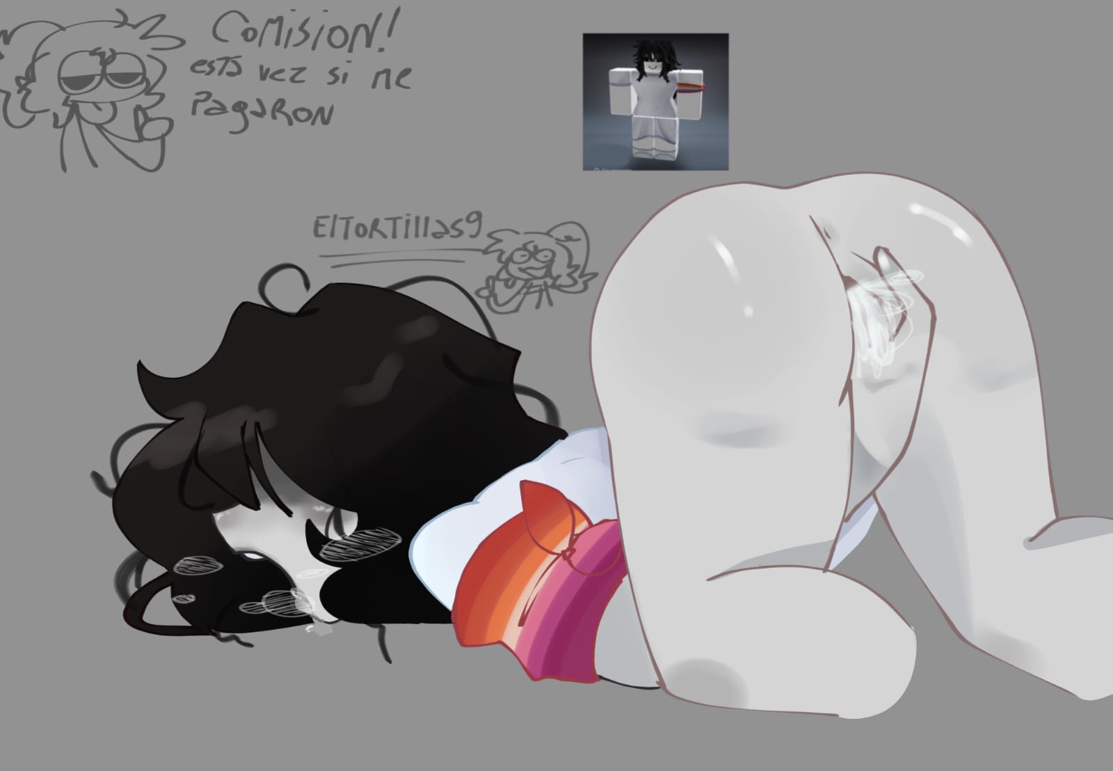 1girls, anus, ass, ass up, black hair, bottomless, commission, eltortillas (artist), eltortillas9, female, fingering self, grey skin, lesbian, lesbian flag, lesbian pride colors, on knees, open mouth, pussy, reference image, roblox, roblox avatar, robloxian, simple background, tagme, white shirt, white skin