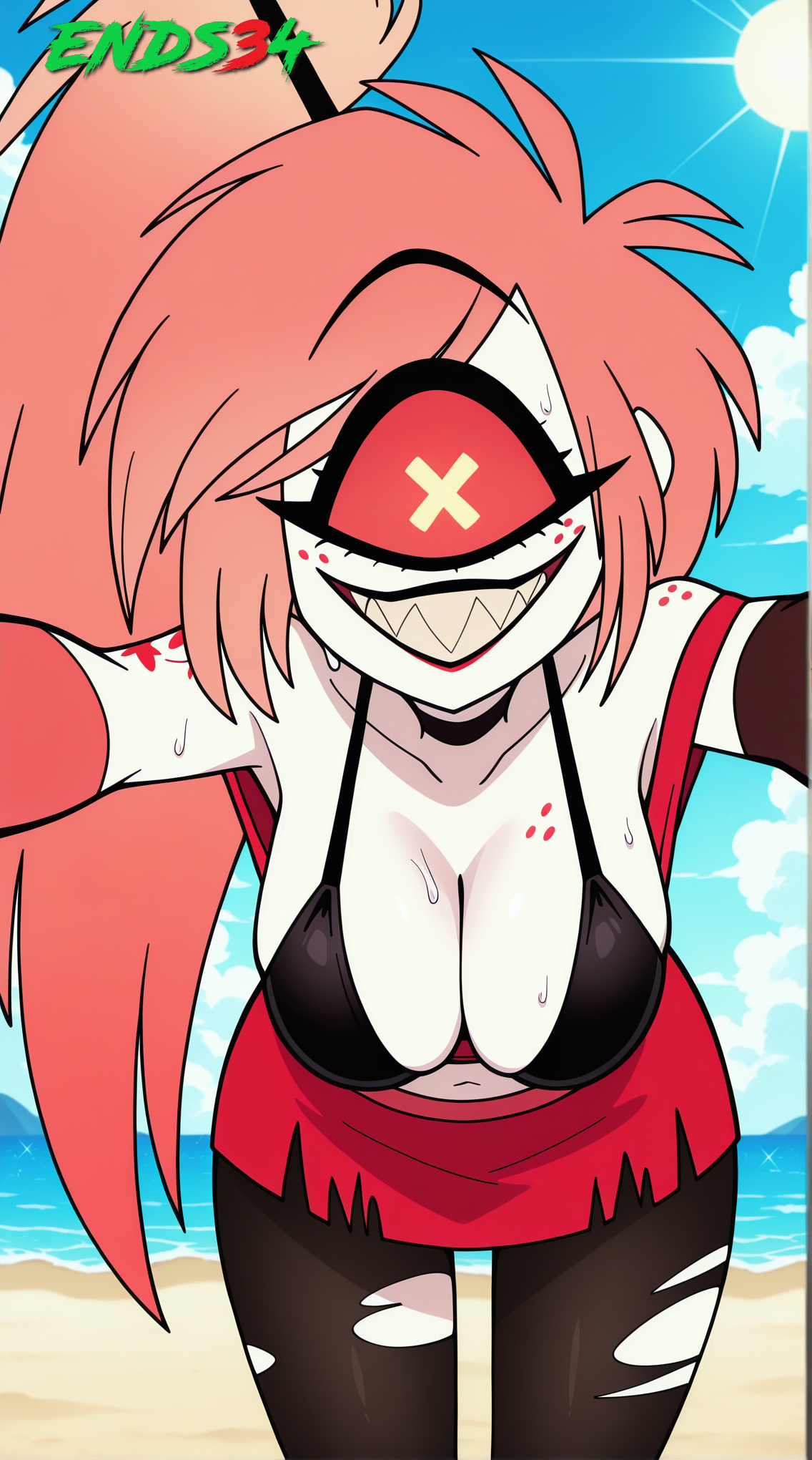 ai generated, beach, big breasts, breast expansion, breast growth, breast growth (enlargement), breasts, cherri bomb, cherri bomb (hazbin hotel), ends34, female, female only, hazbin hotel, looking at viewer, pink eyes, pink hair, ponytail, sand, sea, smile, stockings, summer, sunlight, torn clothes