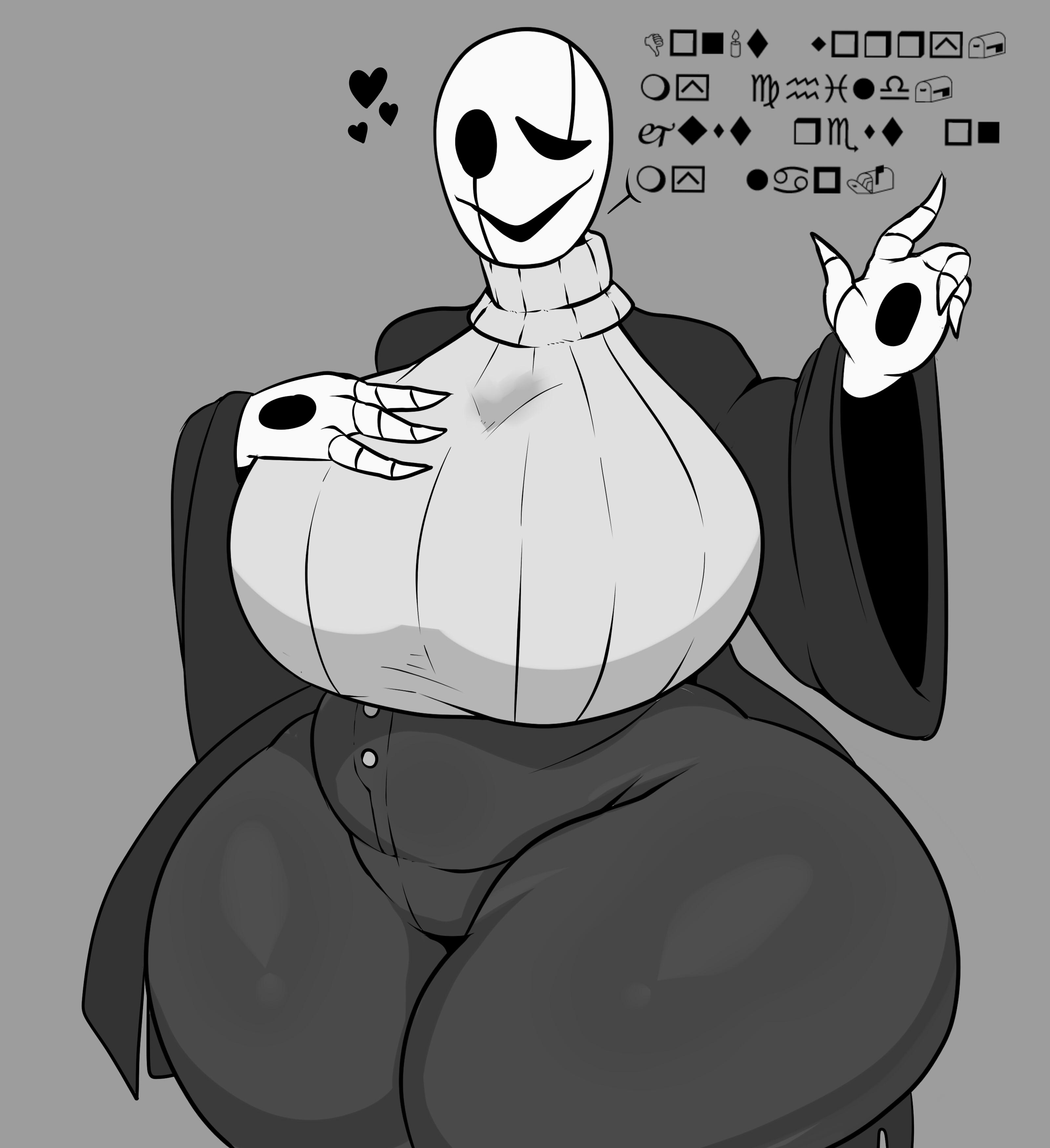 1girls, big breasts, breasts, deltarune, fem gaster, female, female focus, female only, gaster, genderbend, genderswap, hand on breast, huge breasts, rule 63, simple background, text, trifuson, undertale, undertale (series), wingdings, wingdings text