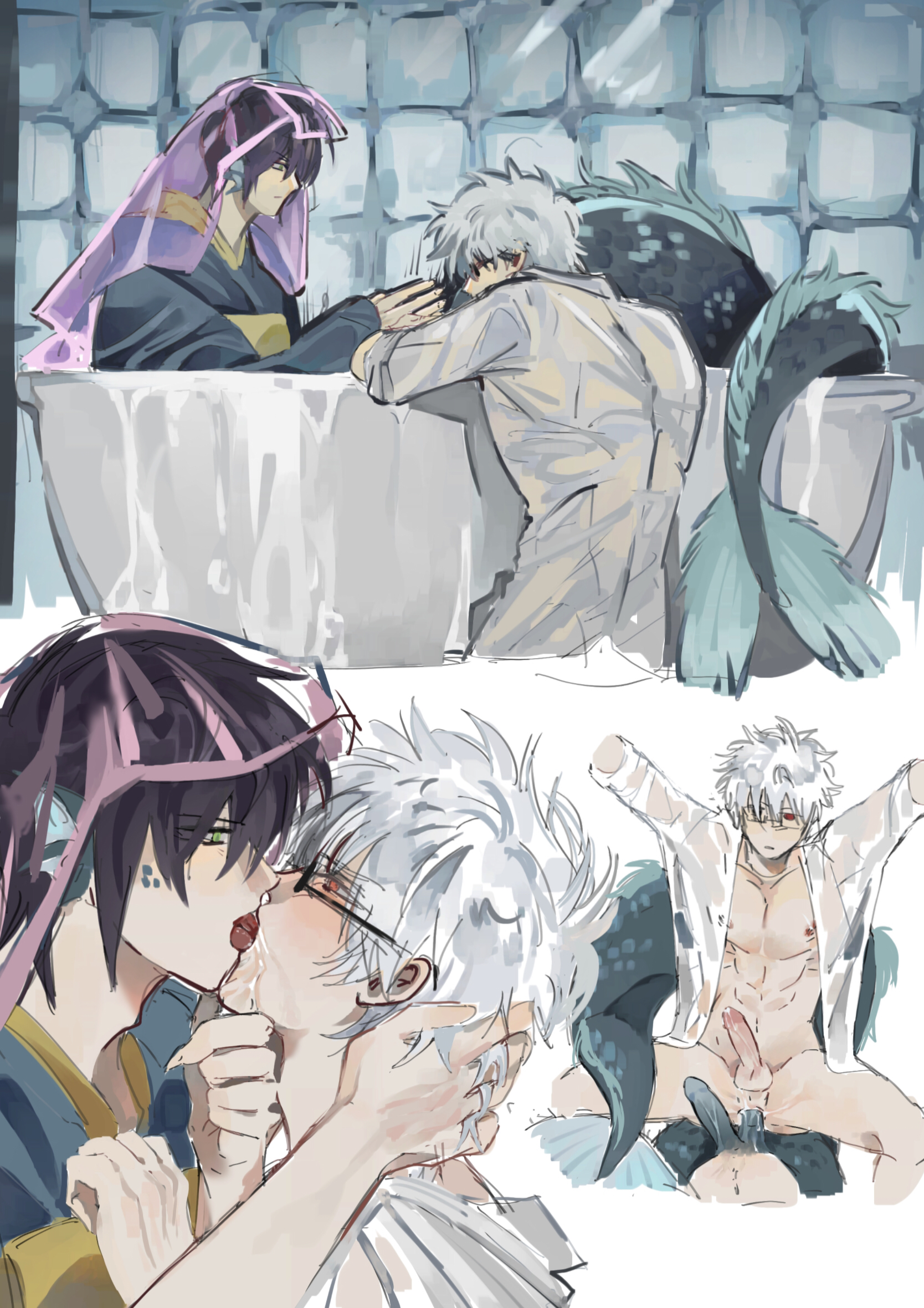 2boys, amagakii38079, anal, anal sex, bath, bathtub, class 3-z, diphallia, diphallism, ear fins, erection, french kiss, gay, gintama, gintoki sakata, glasses, kimono, kissing, labcoat, male, male only, merfolk, merman, multi genitalia, multi penis, official alternate costume, penis, purple hair, takasugi shinsuke, uncensored, veil, white hair, yaoi
