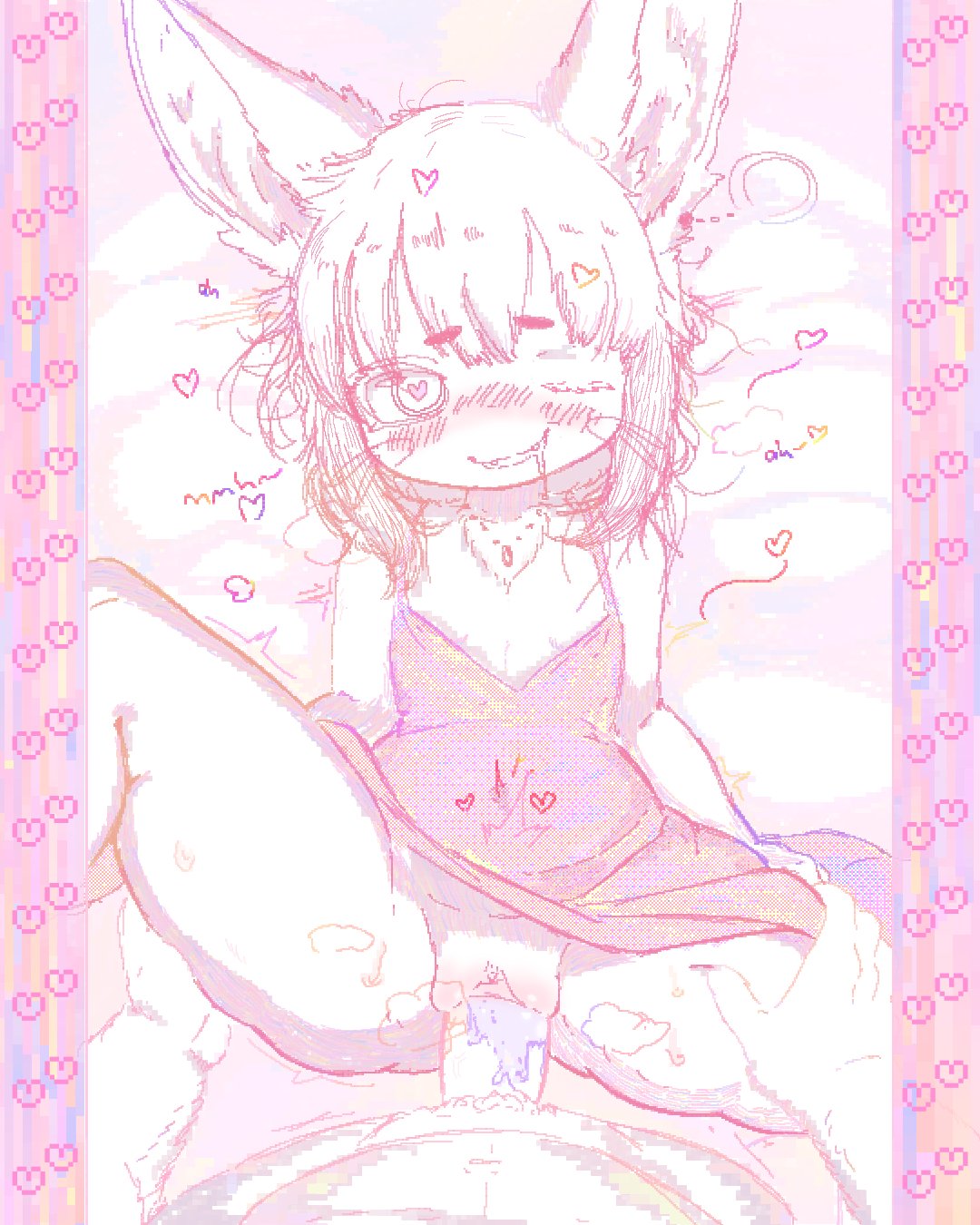 911servis, brown fur, dress, female, heart symbol, heart-shaped pupils, human male, human male on anthro female, human on anthro, looking at viewer, looking pleasured, made in abyss, male, missionary position, nanachi, text, thick thighs, white hair