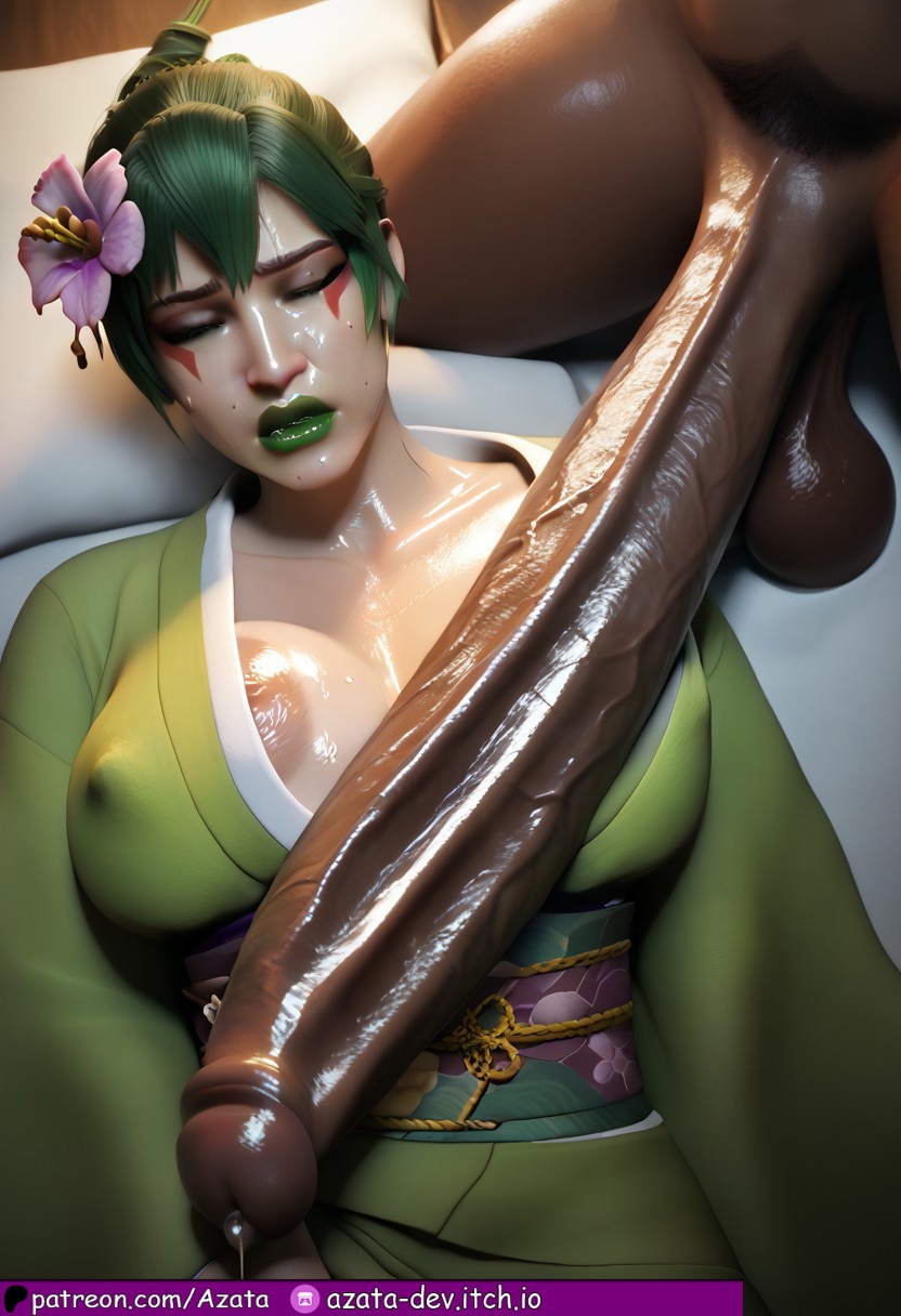 1boy, 1girls, absurdly large cock, ai generated, asian female, azataai, balls, big dom small sub, breasts, closed eyes, cum in mouth, dark penis, dark-skinned male, disturbed, dubious consent, erect nipples, female, flower in hair, futanari, green hair, green kimono, impossible fit, intersex, japanese, kimono down, kimono only, kimono partially removed, kiriko (overwatch), kunoichi, large areolae, light skin, light-skinned female, male, mole, mole under mouth, nipple peek, nipples, overwatch, overwatch 2, paag, pale skin, pale-skinned female, penis, shiny skin, sweaty balls, sweaty body, sweaty breasts, swollen nipples, tattoo on face, voluptuous female, voluptuous futa