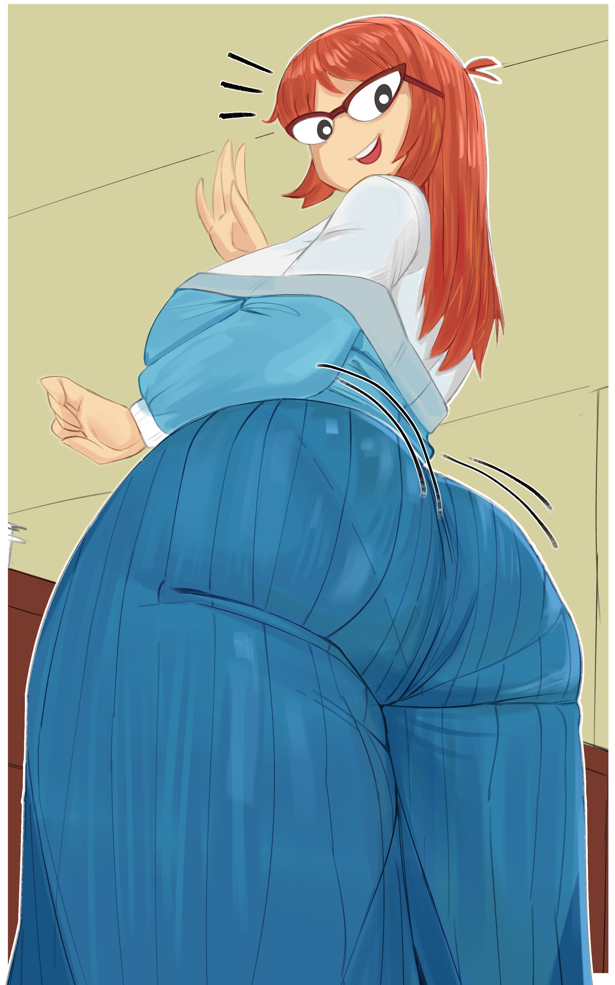 1girls, ass, ass focus, back view, big ass, big breasts, big butt, breasts, butt, clothed, clothed female, clothing, curvy, cute, female, female focus, female only, glasses, hater lly, huge ass, huge butt, kindergarten (game), kindergarten 3, large ass, large butt, long hair, looking back, looking down, ms. lovelett, open mouth, panties visible through clothing, pantylines, smile, smiling, solo, solo female, solo focus, tall female, teacher, thick thighs, thighs