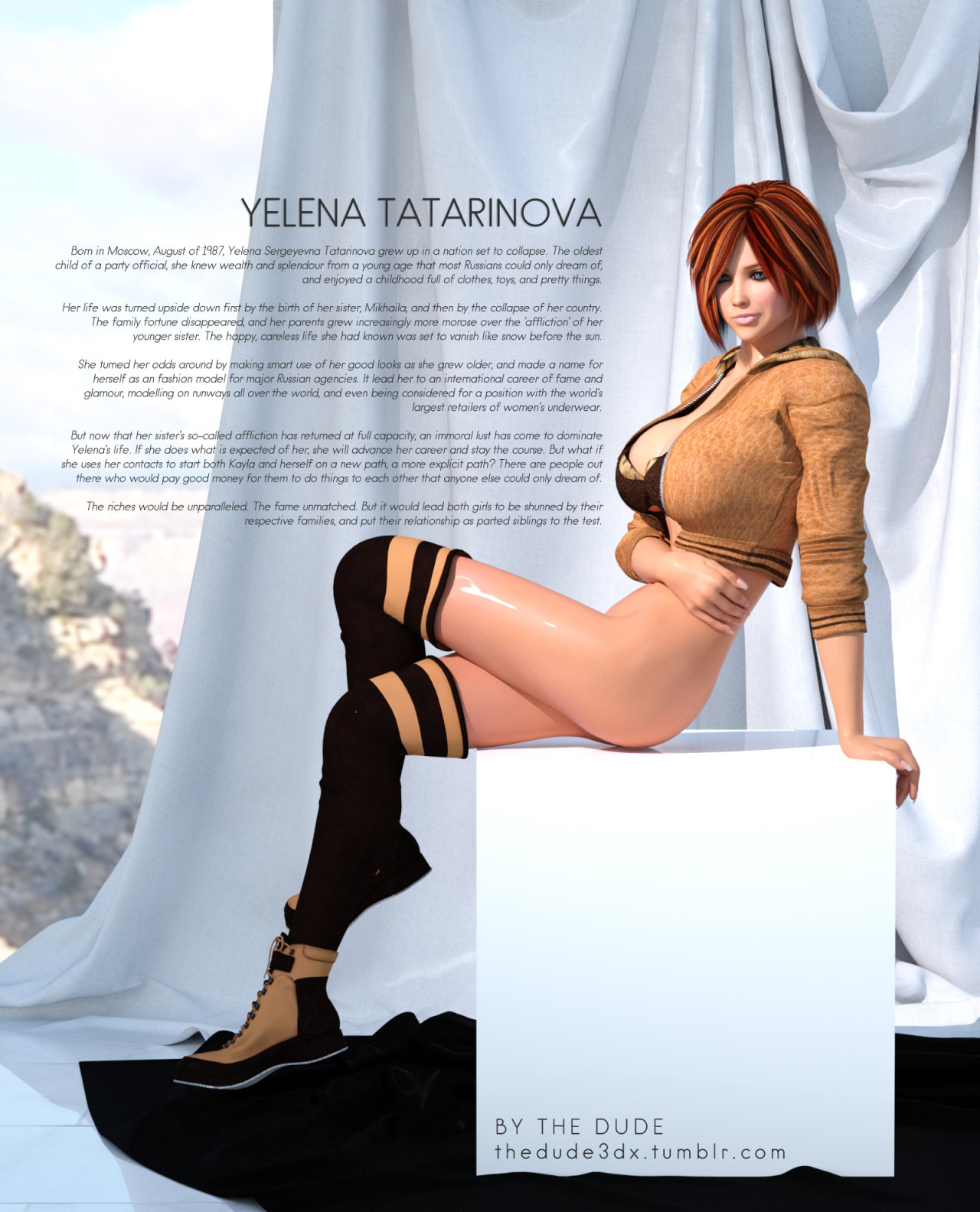 3d, ass, big ass, big breasts, bimbo, blue eyes, boots, breasts, brown hair, character sheet, english text, female, large breasts, long nails, looking at viewer, multicolored hair, partially clothed, red hair, shiny skin, shoes, short hair, sitting, smile, solo, text, the dude, yelena tatarinova