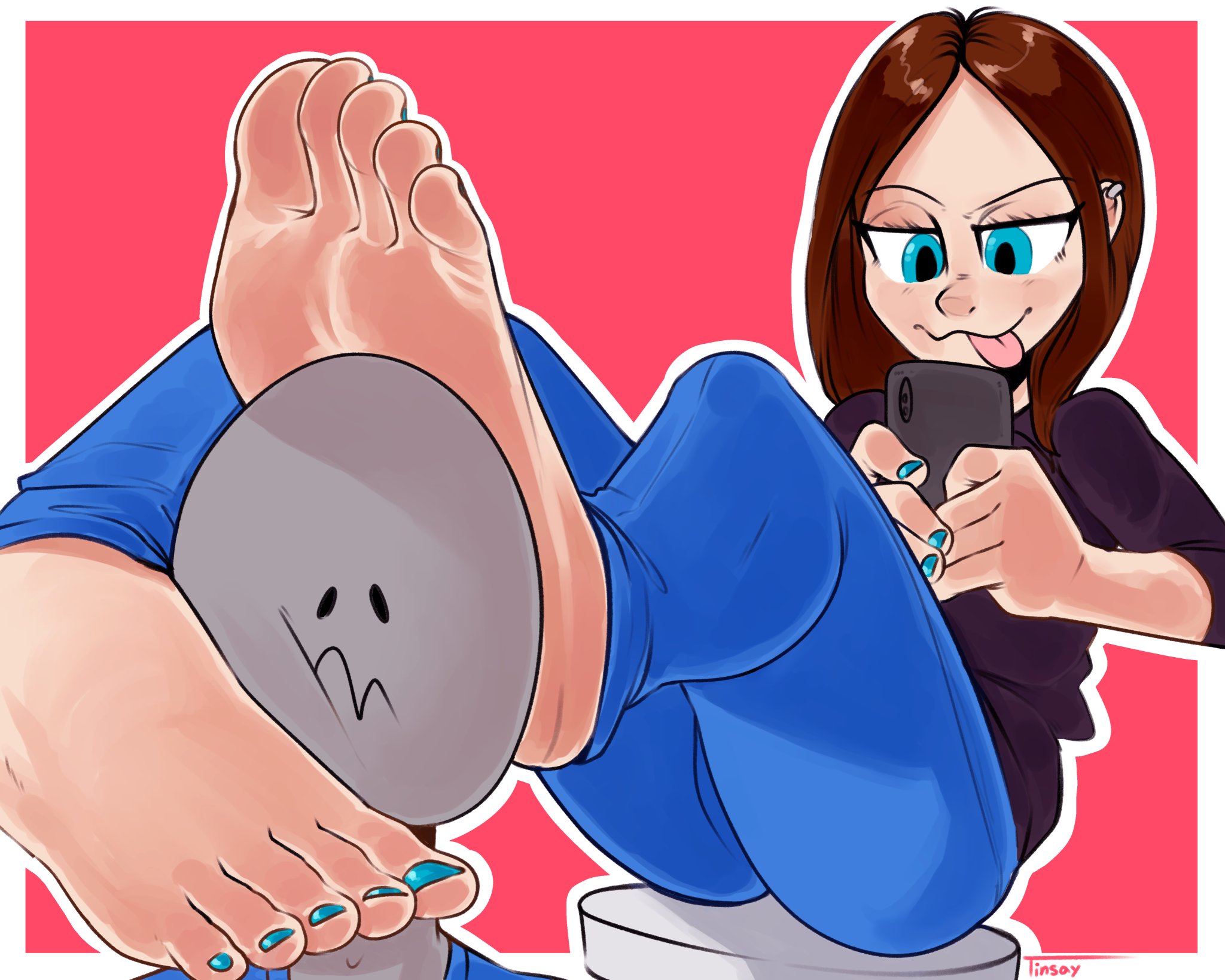 1boy, 1girls, anonymous male, barefoot, black shirt, blue eyes, blue jeans, blue nails, blue toenails, brown hair, collared shirt, ear piercing, eyes half open, feet, feet on face, feet on head, feet up, female, female focus, femdom, foot fetish, foot focus, fully clothed, grey body, holding object, holding phone, human footstool, ignoring, ignoring another, looking at phone, male, on phone, painted nails, painted toenails, penis, phone, playing videogame, samsung, samsung sam, short hair, sitting, smile, stepping on head, stepping on penis, submissive, tinsay (artist), toes, tongue, tongue out