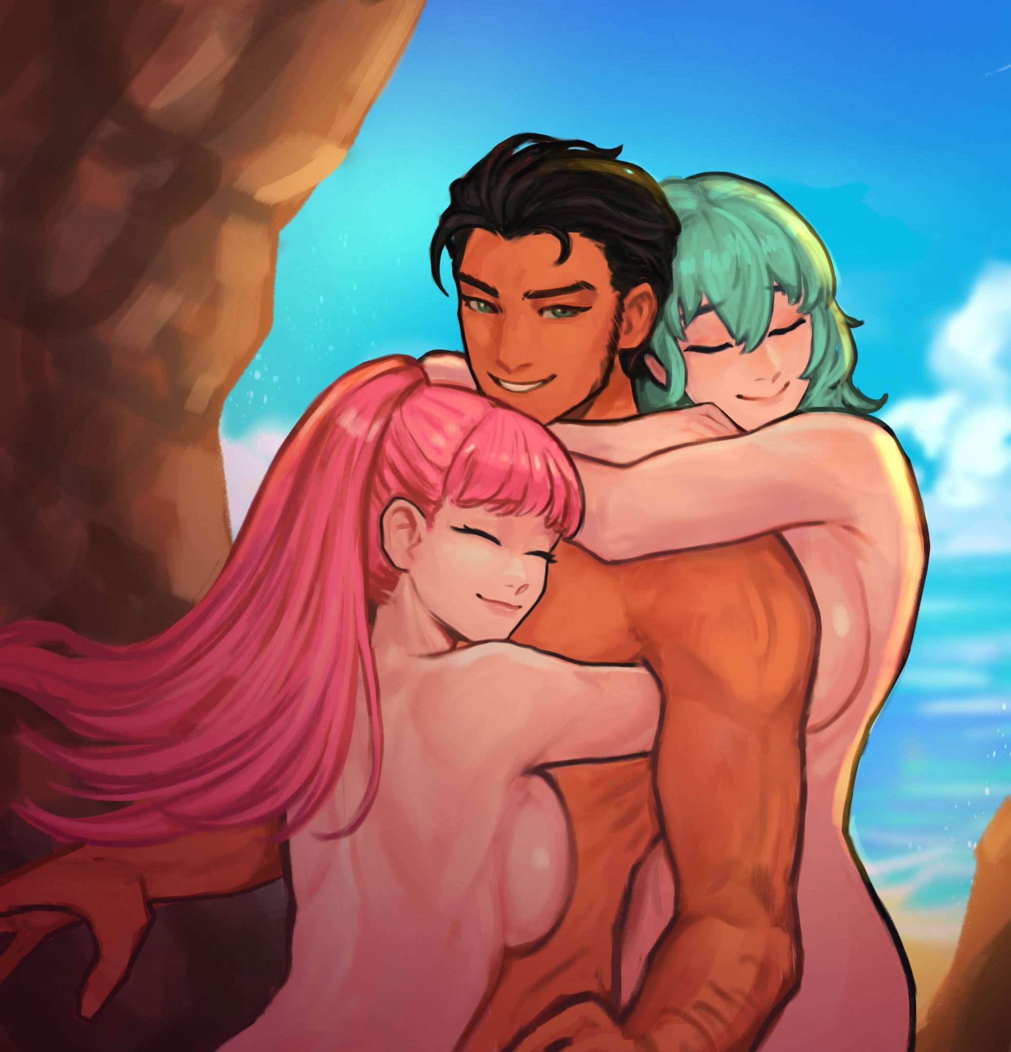 1boy, 2girls, byleth (fire emblem), byleth (fire emblem) (female), claude von riegan, female, fire emblem, fire emblem: three houses, hilda valentine goneril, male, nintendo, nude, sethkiel, tagme