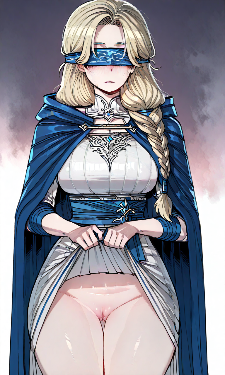 ai generated, blind, blindfold, blonde hair, female, lifting skirt, pussy, shadow slave, showing pussy, skirt lift, tesa