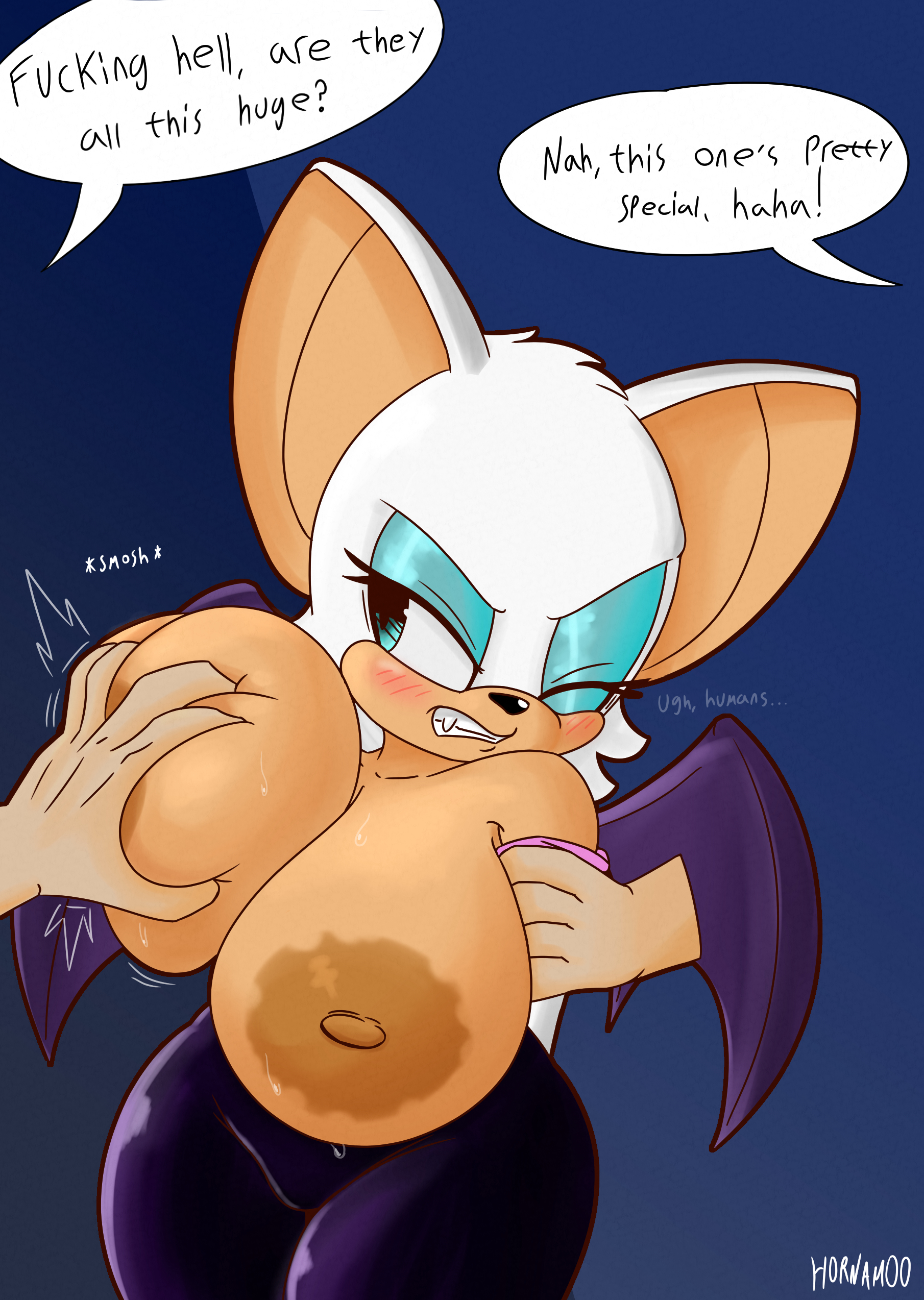 absurd res, angry, anthro, bat, big breasts, blush, breast grab, breasts, clothed, clothing, dialogue, digital media (artwork), english text, eyeshadow, female, forced, gloves, grope, group, hand on breast, handwear, hi res, hornamoo, huge breasts, human, interspecies, makeup, mammal, membrane (anatomy), membranous wings, nipples, restrained, rouge the bat, sega, simple background, sonic (series), sonic the hedgehog (series), teeth, text, trio, wings