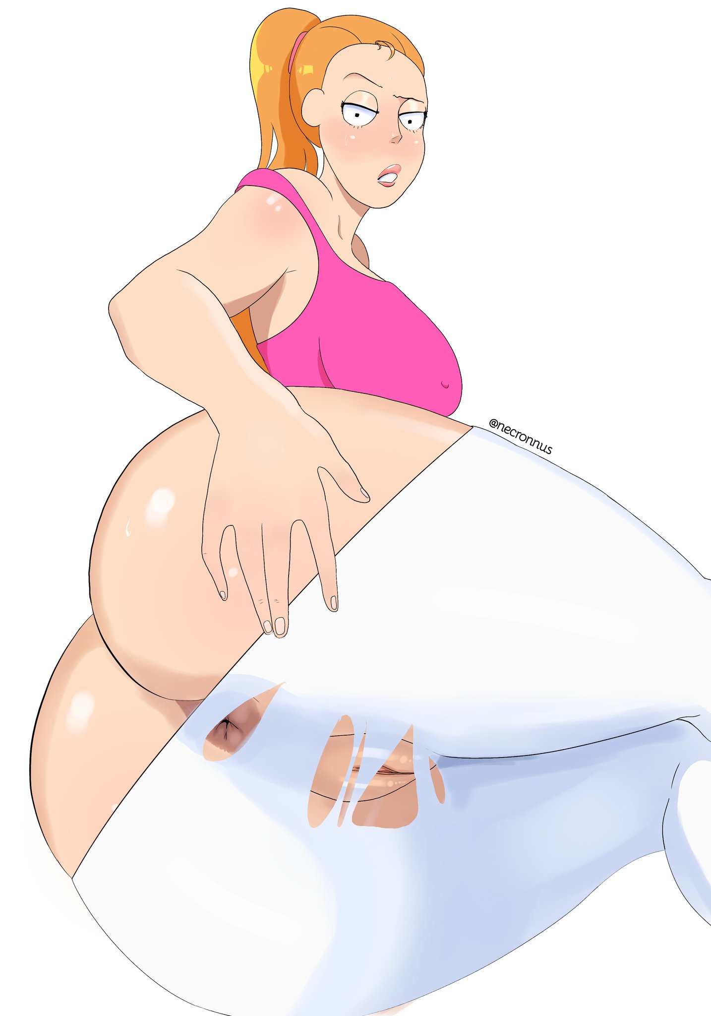 1girls, adult swim, anus, ass, ass focus, female, female only, hand on ass, hand on butt, necronnus, orange hair, ponytail, pussy, rick and morty, shiny ass, shiny skin, summer smith, torn clothes, torn clothing, torn pants