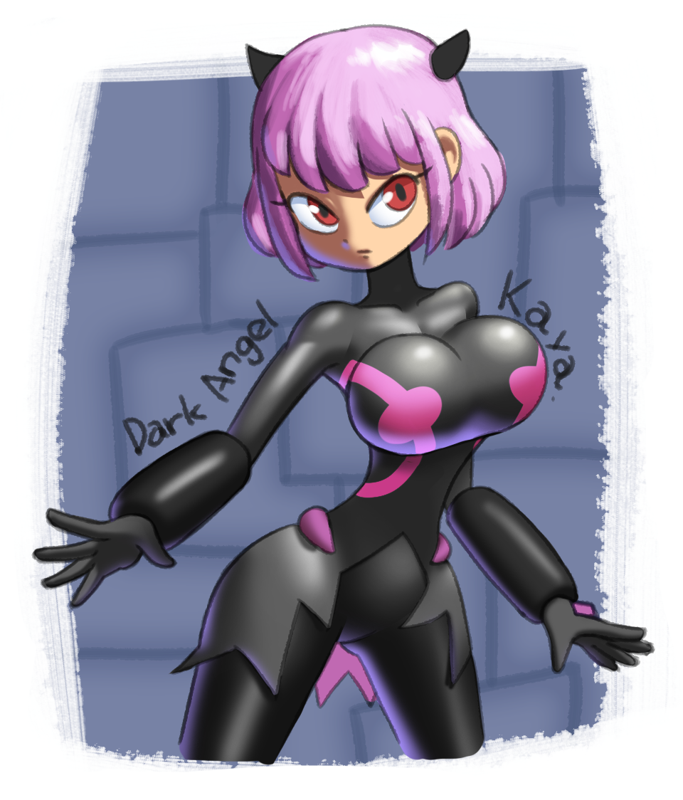 1girls black_and_pink black_bodysuit bodysuit breasts busty dinocore female huge_breasts kaya_(dinocore) minus8 png purple_hair shiny_clothes skin_tight solo text thick_thighs thighs villain villainess