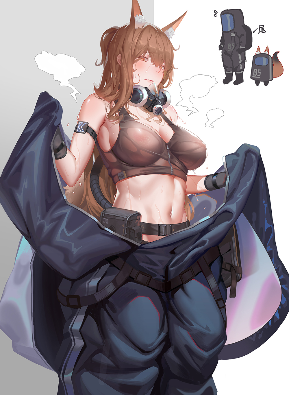 1girls 2023 alternate_costume amogus animal_ear_fluff animal_ears arknights armpits belly belly_button belt big_breasts blush bodysuit breasts brown_eyes brown_hair cleavage fox_ears fox_girl fox_tail franka_(arknights) gas_mask gloves hazmat_suit heavy_breathing hi_res kemonomimi light-skinned_female light_skin long_hair mask midriff navel saber_01 solo sweat tail wet