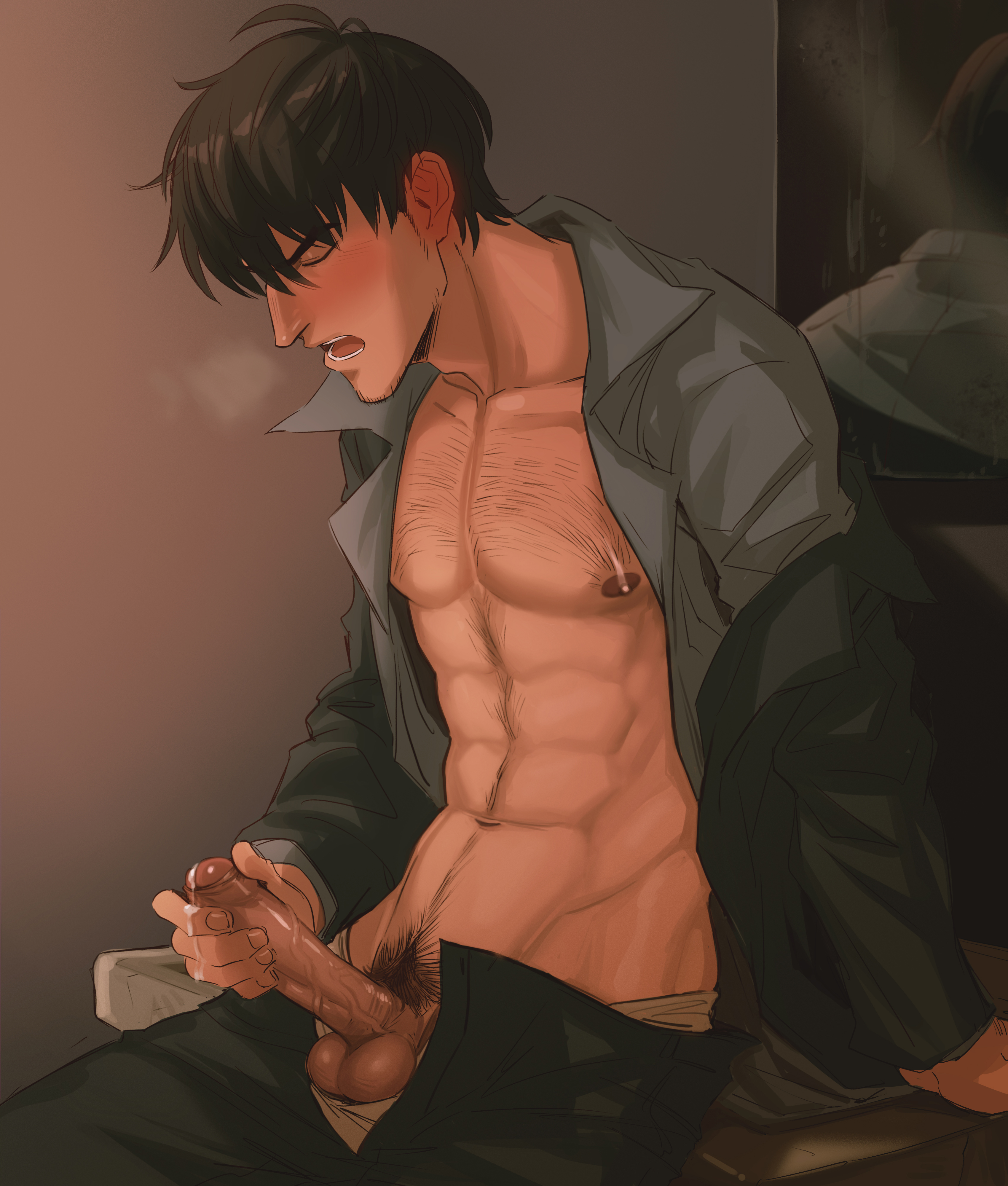 1boy, abs, balls, blush, chest hair, closed eyes, erect nipples, erect penis, gay, gay male, male, male only, masturbation, nicholas d wolfwood, nipples, open shirt, penis, precum, pubic hair, solo, sombre slahc, trigun, trigun stampede, visible breath, yaoi
