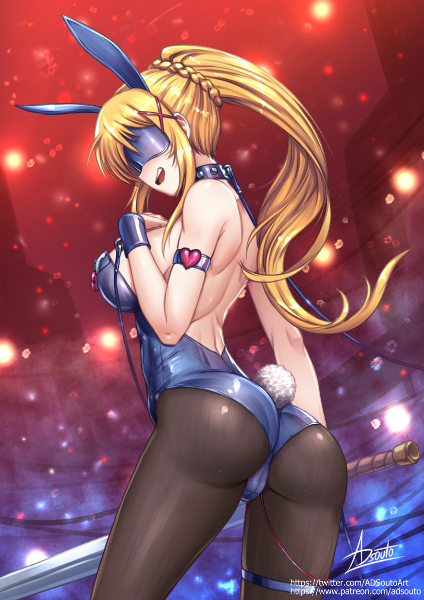 adsouto, animal ears, armor, backless outfit, blindfold, blonde hair, bondage, breasts, collar, cuffs, darkness (konosuba), egg vibrator, fake animal ears, female, hair ornament, hairclip, highres, holding, holding sword, holding weapon, kono subarashii sekai ni shukufuku wo!, large breasts, leash, leotard, long hair, open mouth, pantyhose, playboy bunny, ponytail, rabbit ears, rabbit tail, sex toy, signature, skindentation, smile, solo, strapless, strapless leotard, sword, tail, vibrator, vibrator under clothes, weapon
