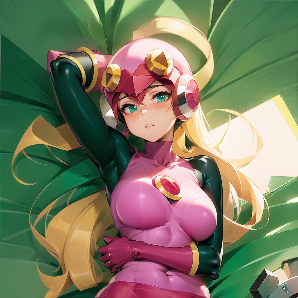 1girls ai_generated armpits blonde_hair blush bodysuit breasts helmet leotard long_hair mega_man mega_man_battle_network navel roll.exe skin_tight