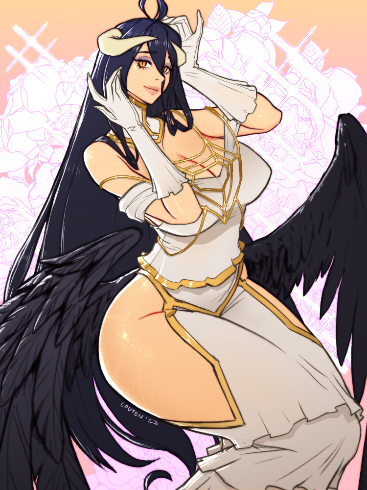 albedo (overlord), big breasts, black hair, black wings, breasts, cat eyes, colored, demon, dress, dressed, female, horns, louten, overlord (maruyama), succubus, thick, thick thighs, white dress
