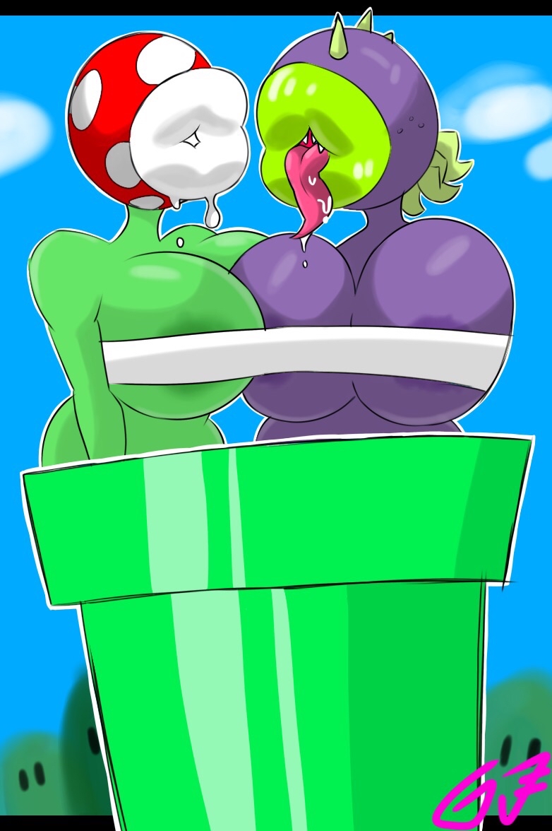 2girls areola_slip areolae breast_press carnivorous_plant chest_wraps chomper_(pvz) crossover drooling female female_only gr8p_ju1ce grapejuicerulez large_breasts long_tongue look-alike mario_(series) multiple_girls nintendo outdoors pipes piranha_plant plant plant_girl plant_humanoid plantie plants_vs_zombies popcap_games pvz sharing_clothes sharp_teeth signature super_mario_bros. warp_pipe