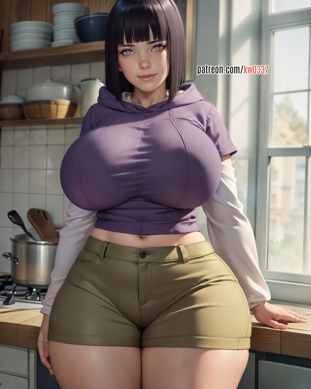 1girls, ai generated, black hair, booty shorts, boruto: naruto next generations, breasts, female, hips, huge breasts, hyuuga hinata, indoors, kw0337, light skin, light-skinned female, mature female, midriff, milf, mother, naruto, naruto (series), naughty face, short hair, short shorts, shorts, thick thighs, thighs, uzumaki hinata, wide hips