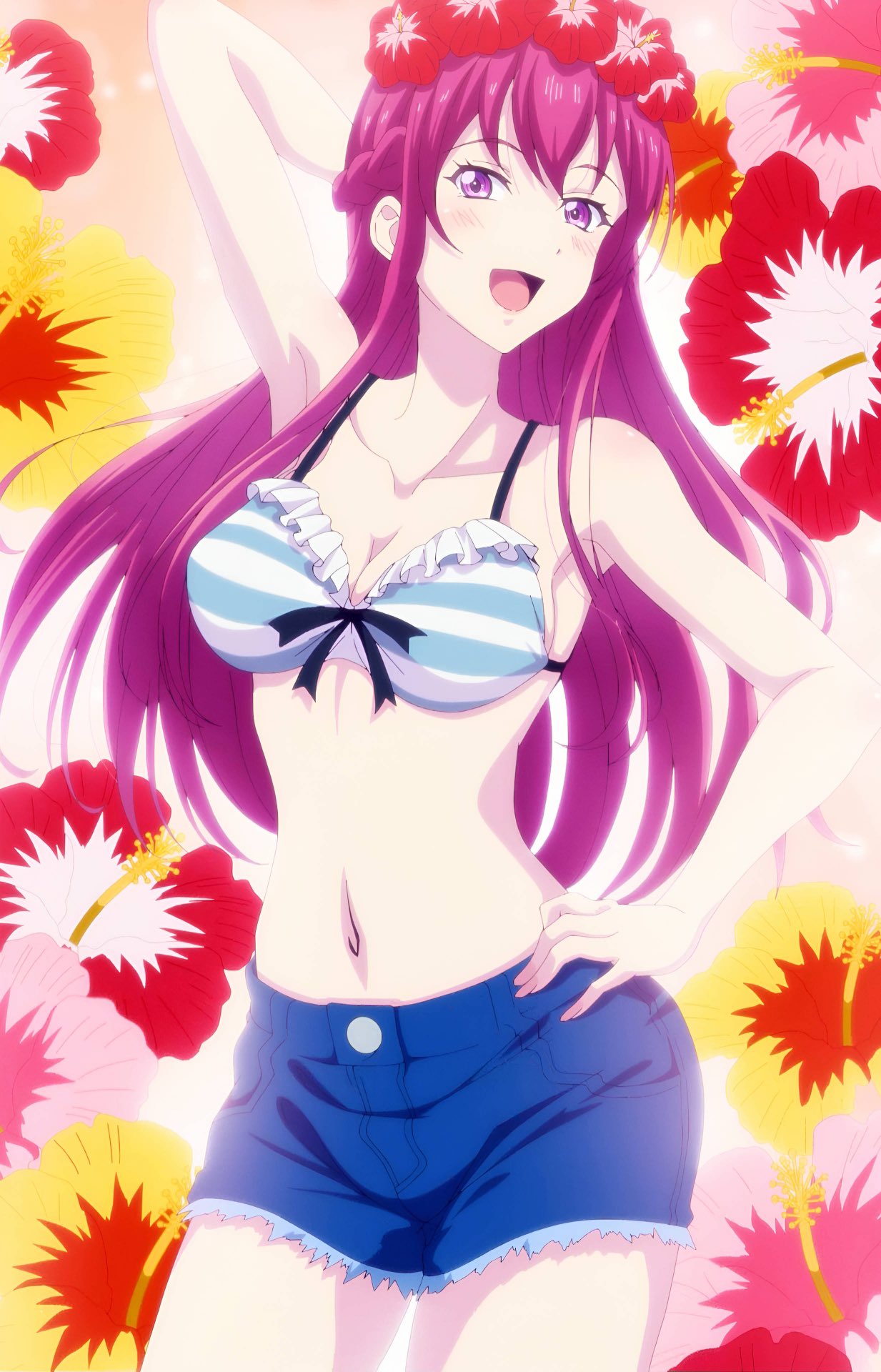 1girls arm_behind_head armpits big_breasts bikini bikini_top_only blush breasts cleavage female female_only hand_on_own_hip large_breasts makuzawa_ouka megami_no_kafeterasu model_pose navel open_mouth pose posing screencap shorts smile solo stitched swimsuit tongue