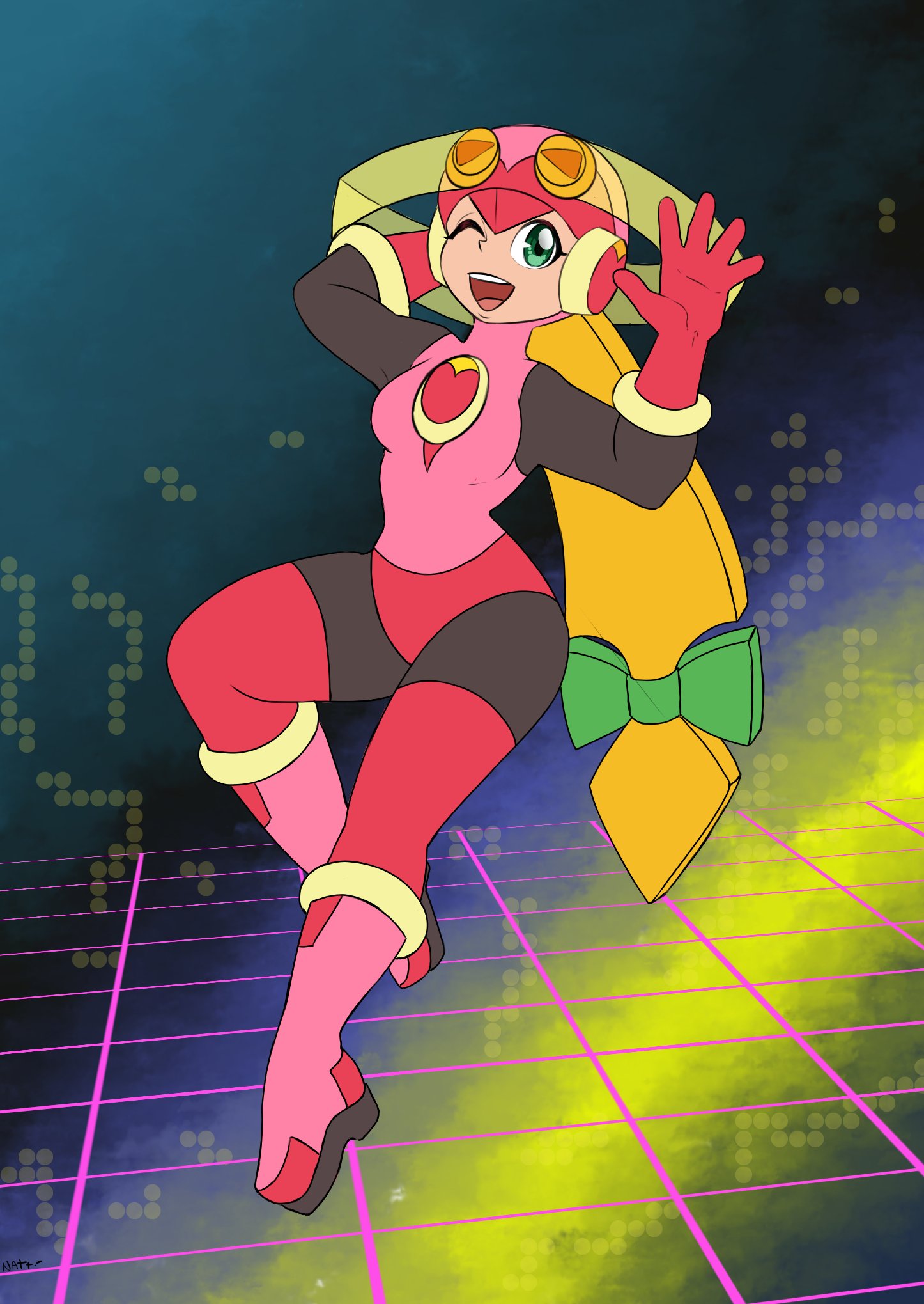 1girls bodysuit boots breasts gloves helmet hourglass_figure mega_man mega_man_battle_network natt333 pink_bodysuit roll.exe smile thick_thighs thighhighs thighs wide_hips wink