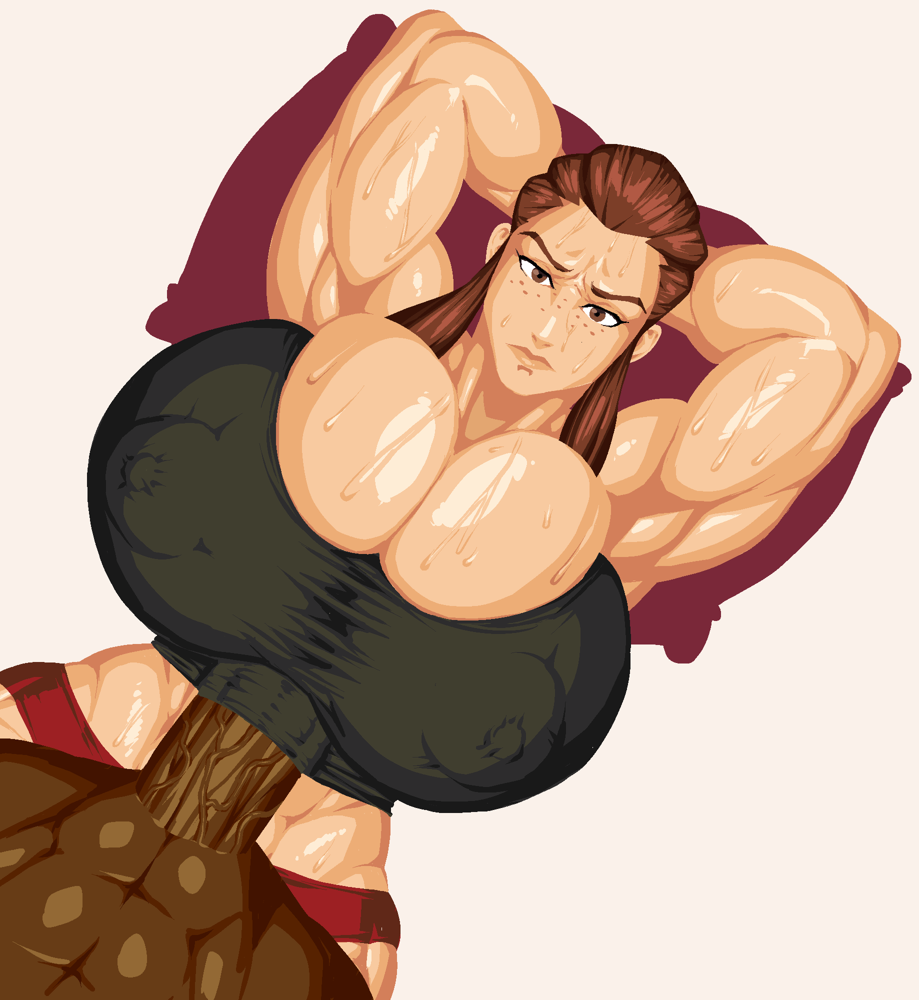1boy, 1girls, alternate breast size, areola bulge, areolae, big breasts, blizzard entertainment, breasts, brigitte, brigitte lindholm, bursting breasts, cleavage, dark skin, dark-skinned male, erection, female, freckles, freckles on face, gigantic breasts, hands-free, hands-free paizuri, hourglass figure, huge breasts, huge cock, interracial, jombleywombley, lúcio, large breasts, lucio (overwatch), male, male/female, muscular, muscular female, nipples, overflowing breasts, overwatch, overwatch 2, paizuri, paizuri lead by male, partial male, penis, penis between breasts, pov, puffy areola, puffy nipples, straddling, straddling paizuri, sweat, thejombler, tight clothing, wide hips