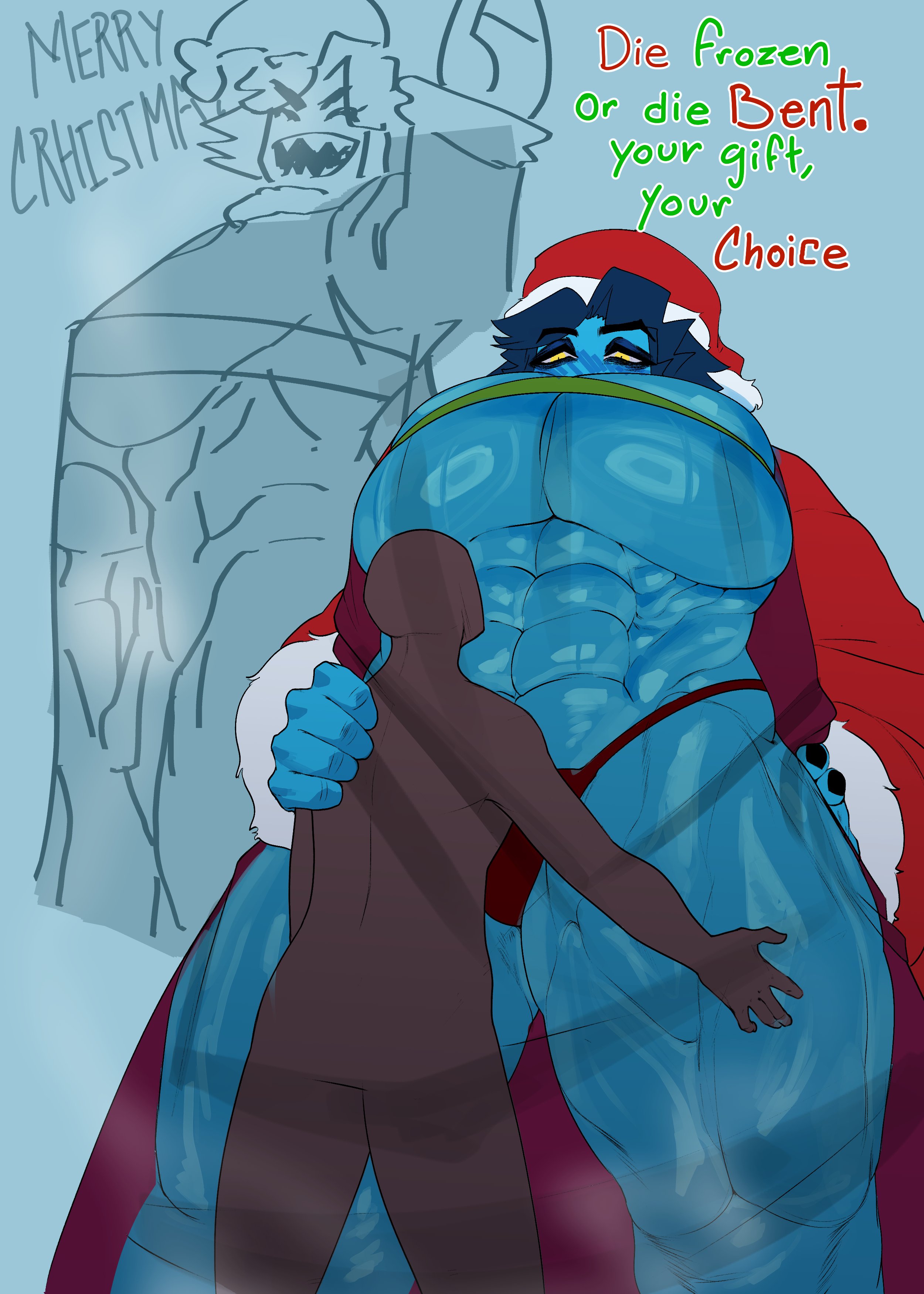 big breasts, big thighs, bigger female, blue skin, breasts, christmas, christmas clothing, christmas headwear, christmas outfit, cinkoji, color, colored, faceless, faceless character, faceless male, female, giantess, larger female, male, monnie (cinkoji), muscles, muscular, muscular female, oc, original, original character, red clothing, sharp teeth, smaller male, smile, smiling, text, thighs