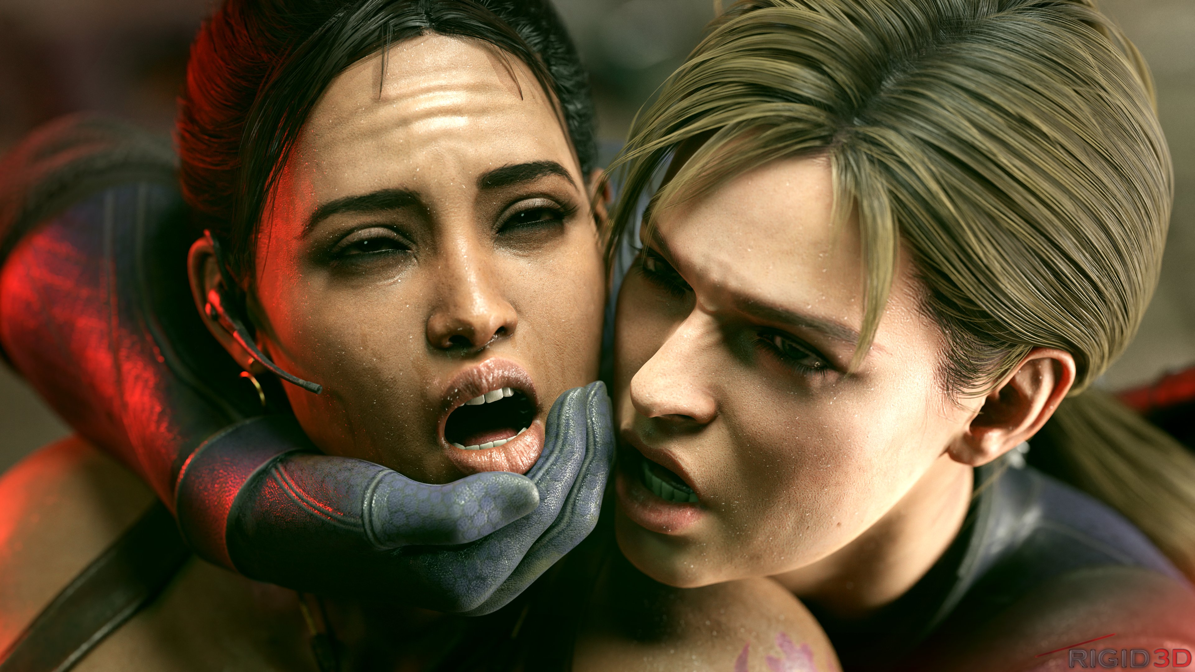 1futa, 1girls, 2023, 3d, athletic, dark skin, female, futa on female, futanari, gloves, high resolution, highres, interracial, intersex, jewelry, jill valentine, jill valentine (blonde), light skin, resident evil, resident evil 5, rigid3d, sheva alomar, smooth skin
