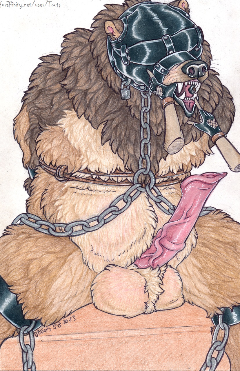 anatomically_correct anatomically_correct_genitalia anatomically_correct_penis animal_genitalia animal_penis anthro arms_tied balls bear big_balls big_penis binder_(restraint) bondage bondage_gear bound brown_bear chains clothing cuff_(restraint) disembodied_hand erection finger_in_mouth fingering fingerless_gloves genitals gloves grizzly_bear hair hands_behind_back handwear headgear headwear hi_res kuruk_(character) latex_mask leg_cuffs lock male male_only mammal mane mane_hair maw_handling mawplay oral oral_fingering padlock penis restraints sensory_deprivation solo solo_male teeth teeth_showing toots ursine ursine_penis