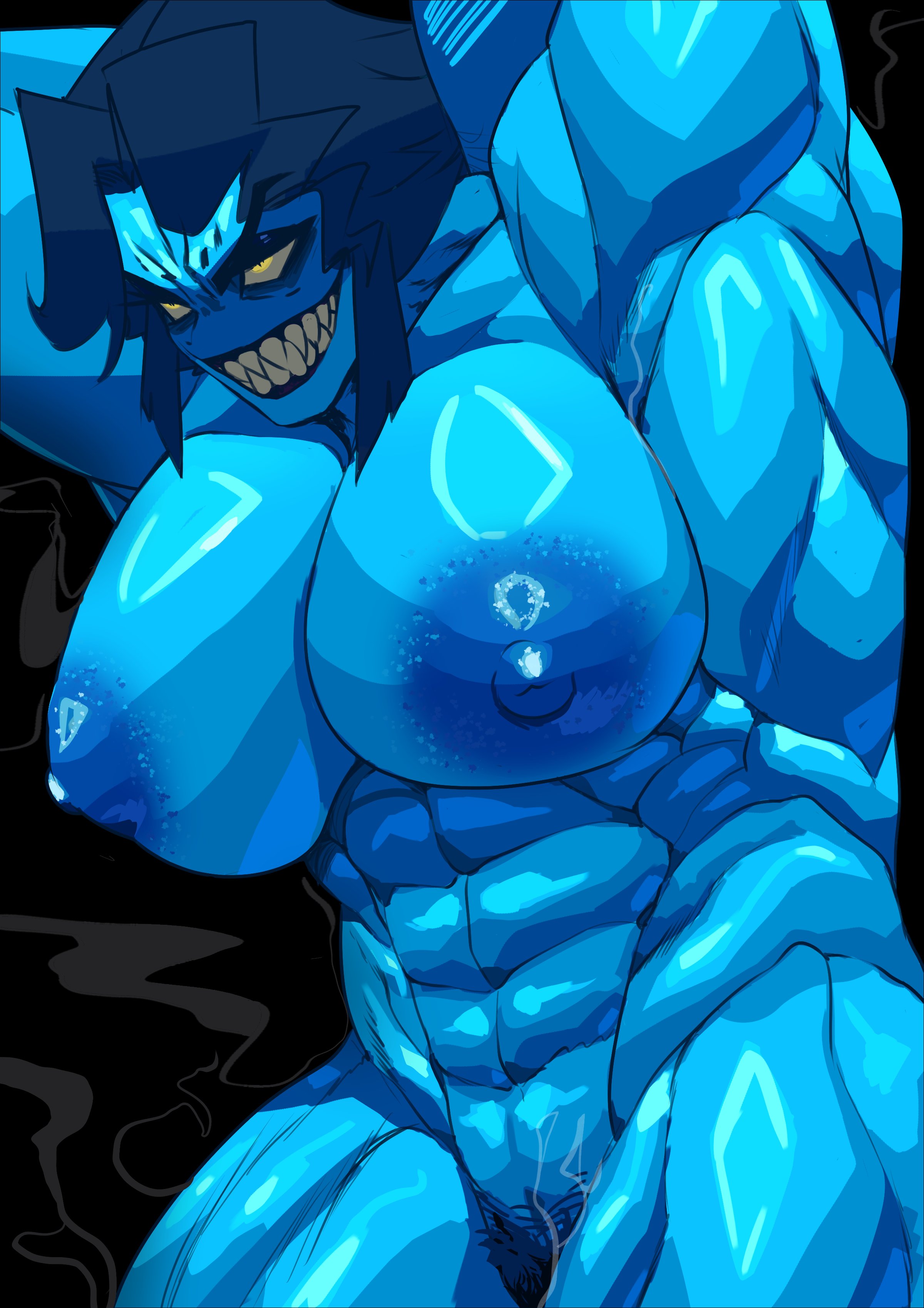 big breasts, blue skin, breasts, cinkoji, color, colored, female, hair, hairy, hairy pussy, monnie (cinkoji), muscles, muscular, muscular female, naked, naked female, nude, nude female, oc, original, original character, pussy, sharp teeth, smile, smiling, solo, solo female, yellow eyes