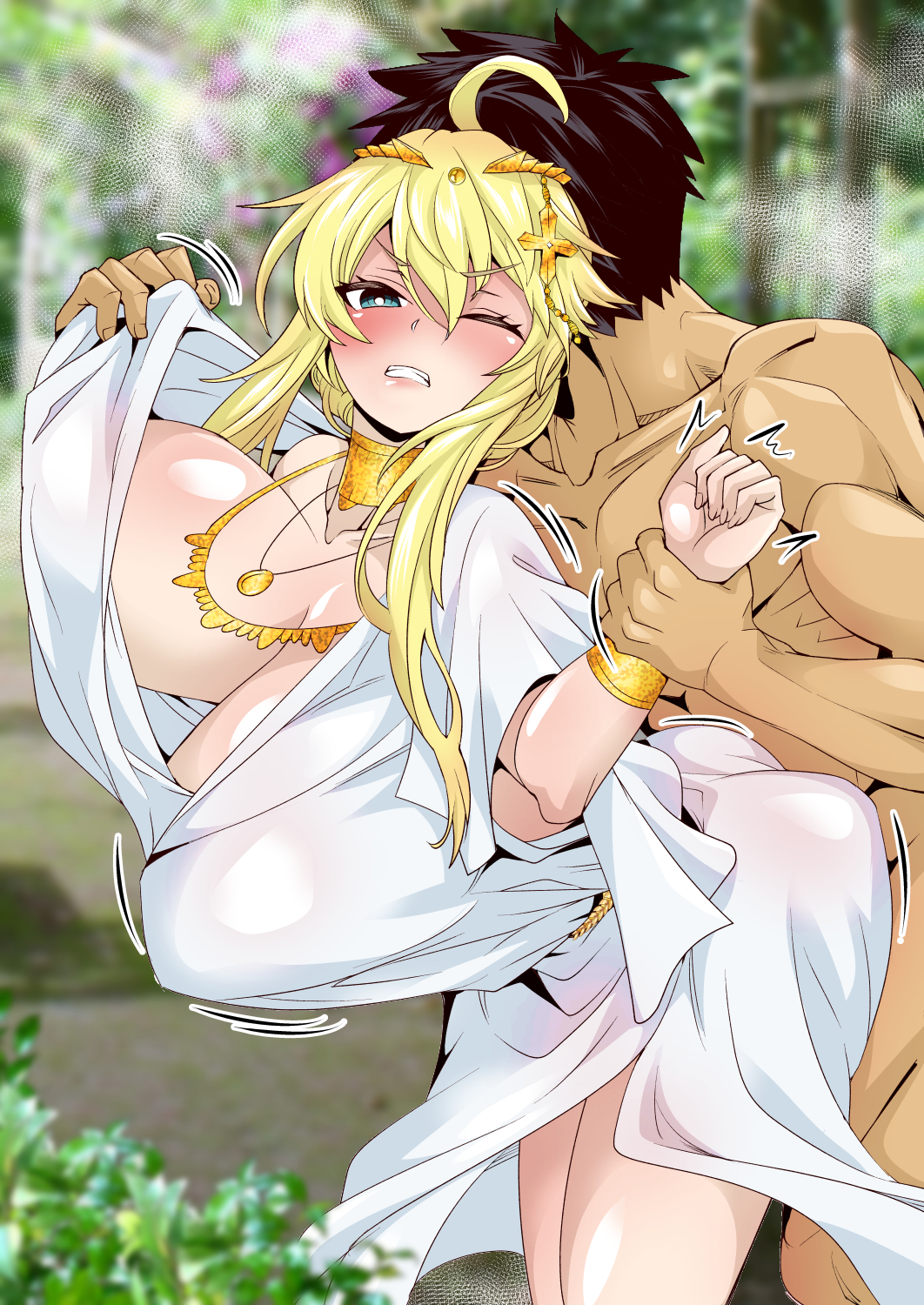 1boy ahoge artoria_pendragon_(fate) artoria_pendragon_(lancer)_(fate) black_hair blonde_hair blush bracelet breasts colored_skin crown female forest fujimaru_ritsuka_(male) greek_clothes highres jewelry large_breasts momohara_rile muscular muscular_male nature necklace nude spiked_hair white_skin