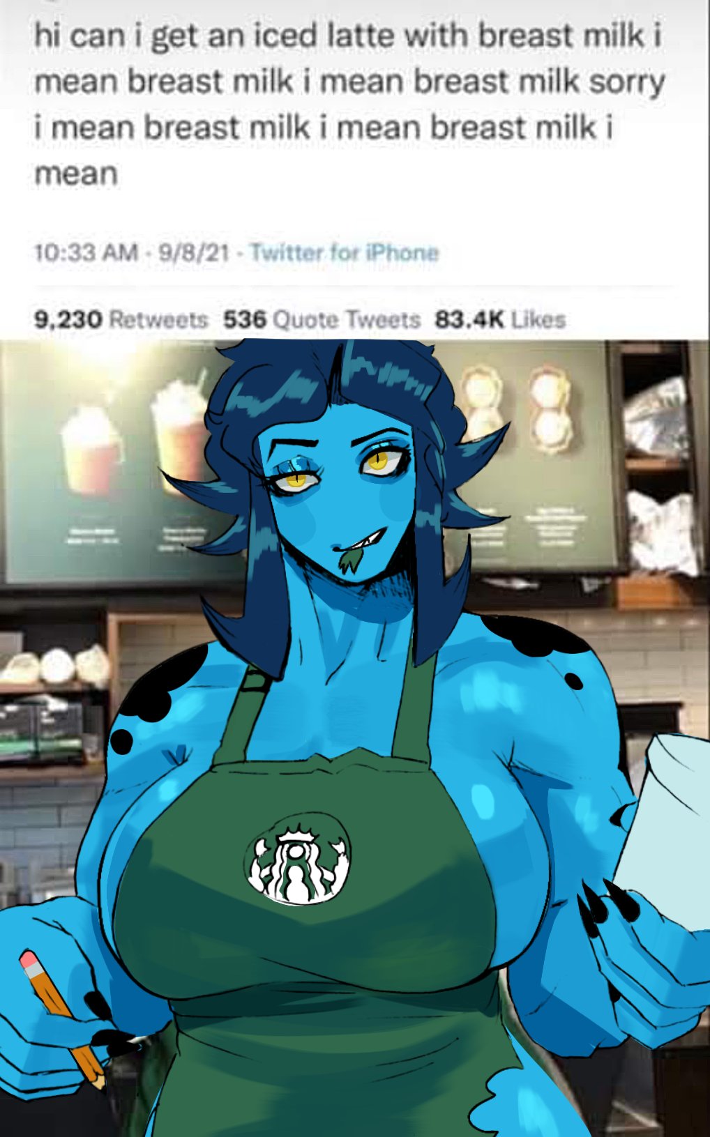 barista big_breasts big_thighs blue_hair blue_skin breasts cinkoji color colored employee employee_uniform female iced_latte_with_breast_milk joke meme monnie_(cinkoji) muscle muscles muscular muscular_arms muscular_female oc original original_character sharp_fingernails sharp_nails sharp_teeth solo solo_female starbucks text thighs yellow_eyes