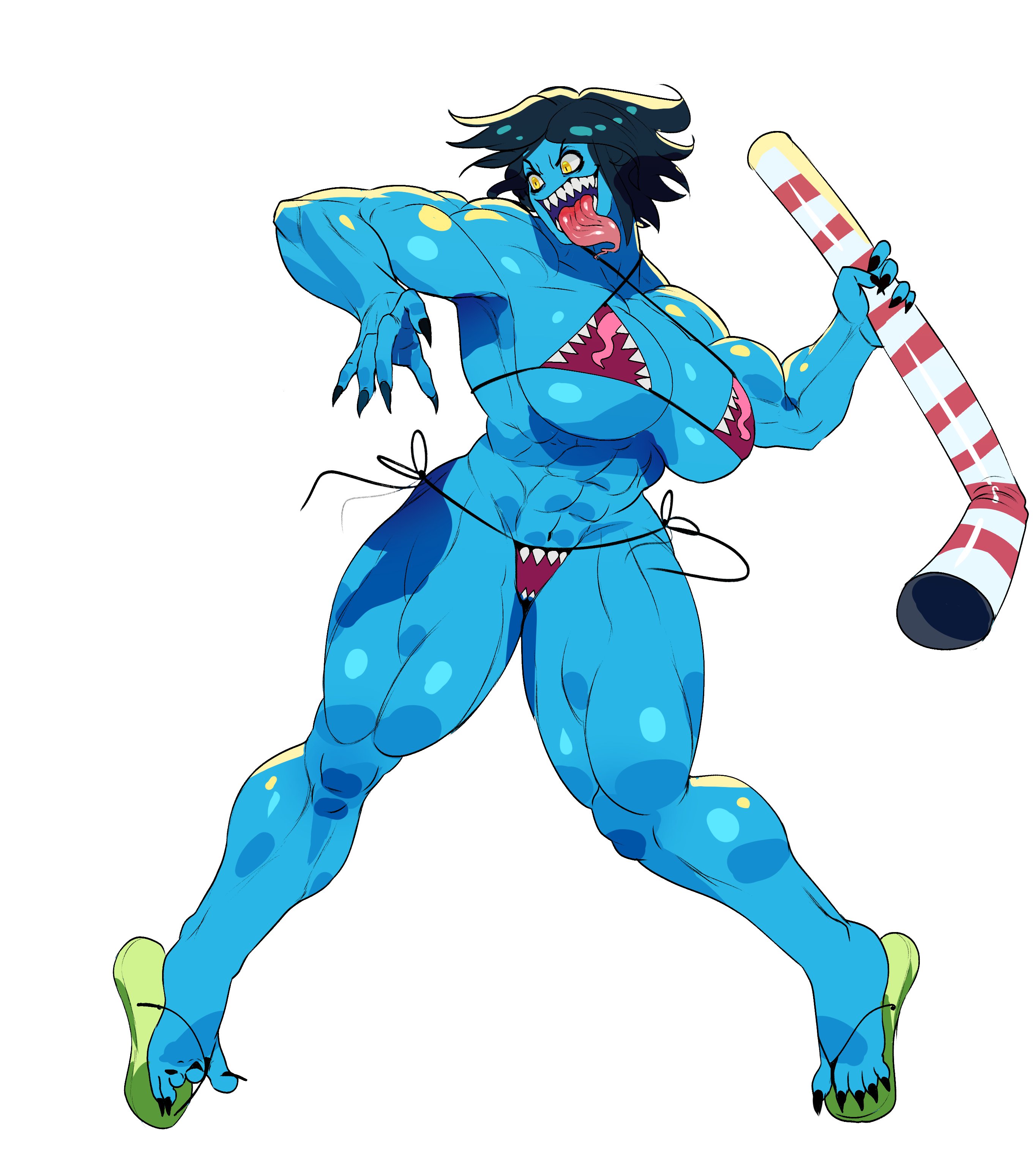big breasts, bigger female, bikini, blue body, blue hair, blue skin, blush, breasts, breasts on head, cinkoji, color, colored, female, hair, monnie (cinkoji), muscles, muscular, muscular arms, muscular female, oc, original, original character, sandals, sharp fingernails, sharp nails, sharp teeth, smile, smiling, solo, solo female, straw, tongue, tongue out, yellow eyes