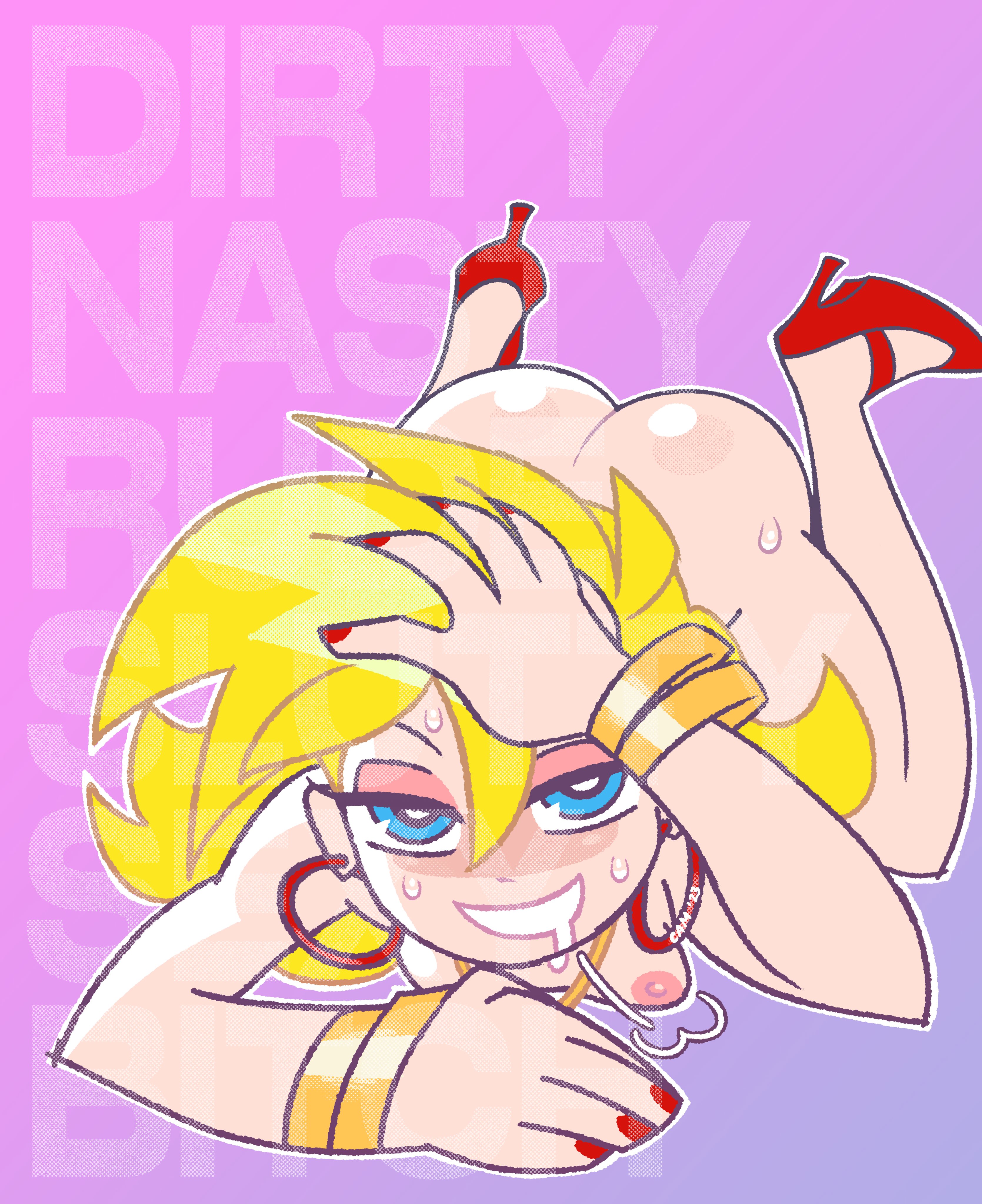 1girls, angel, ass, big ass, blonde hair, breasts, bubble ass, bubble butt, cam (artist), completely nude, exposed torso, female, female only, footwear, horny, horny female, humanoid, looking at viewer, lying, lying on stomach, naked footwear, neckwear, nipples, nude, nude female, pale skin, panty & stocking with garterbelt, panty anarchy, solo, thick thighs, wide hips, wristwear