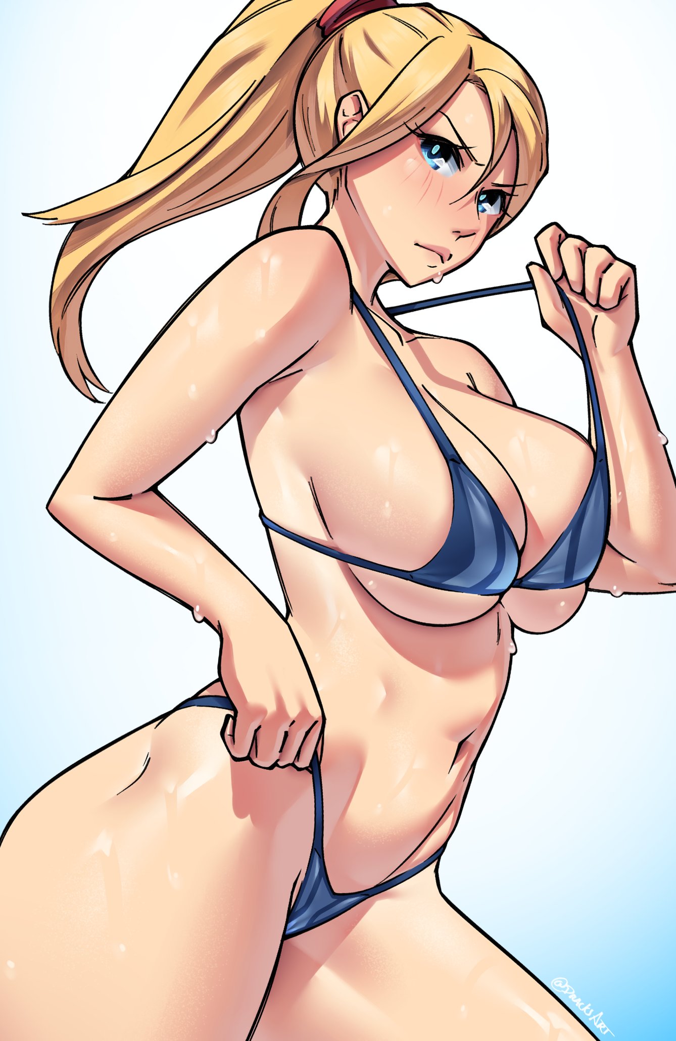 bikini bikini_pull bimbo blonde_hair blue_eyes blush breasts cleavage clothes_pull dracksart eyelashes female frown gradient_background highres large_breasts lips metroid navel nintendo ponytail samus_aran shiny_skin sideboob signature simple_background stomach sweat swept_bangs swimsuit thick_thighs thighs underboob wet_skin