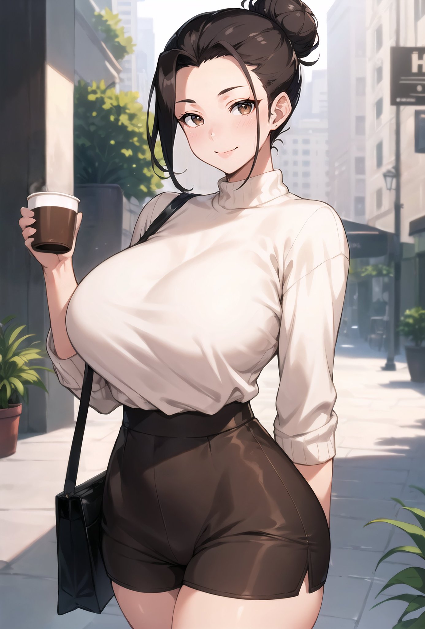1girls, ai generated, breasts, curvaceous, curvy body, curvy figure, female, female focus, hair bun, highres, huge breasts, looking at viewer, office lady, original, original character, solo female, solo focus, stable diffusion, stuffyai