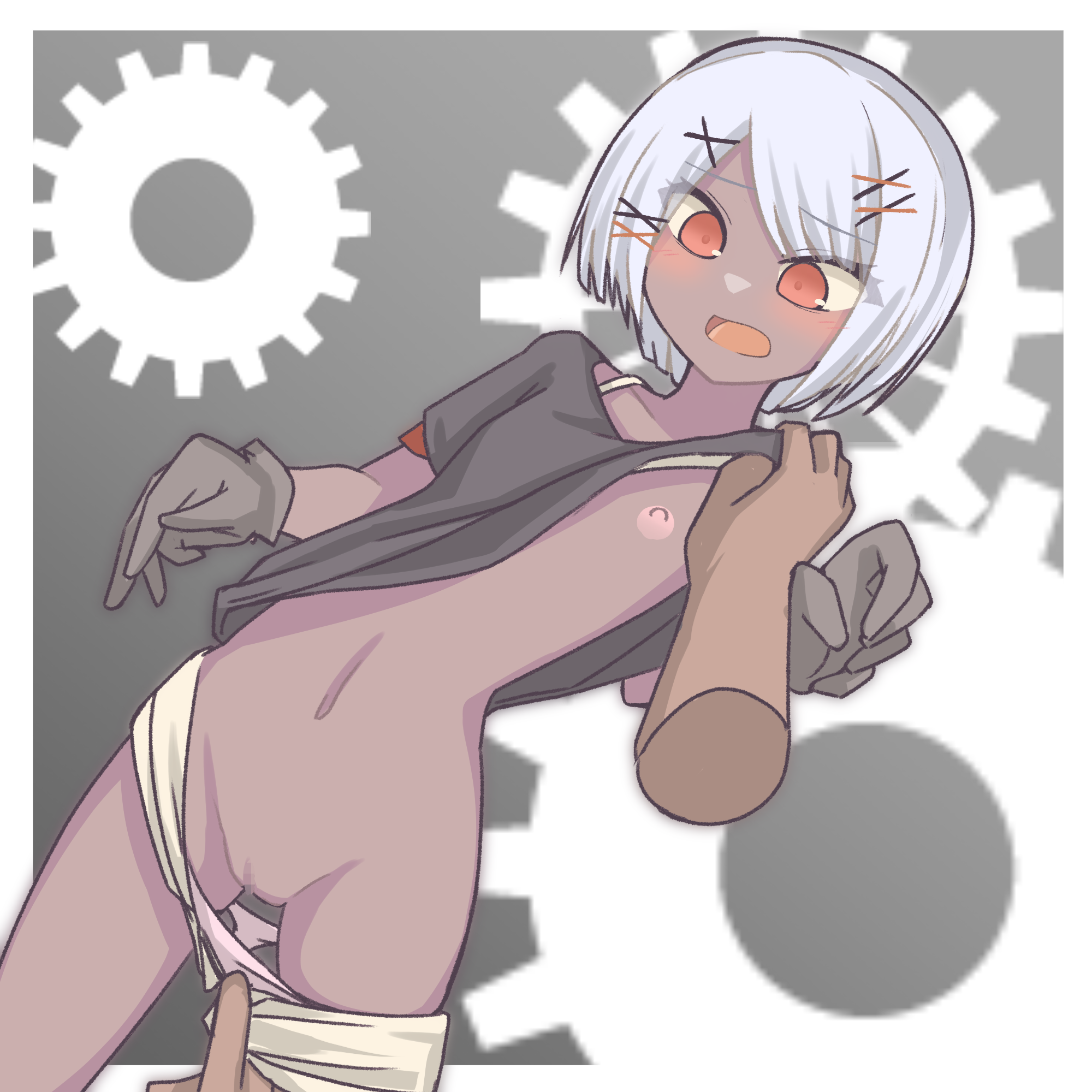 blush, censored, dark skin, flat chest, gloves, orange eyes, panties down, petite, punishing: gray raven, sophia (punishing: gray raven), white hair