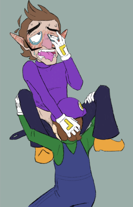 blowjob brown_hair head head_grab legs_apart luigi male_only mario_(series) overalls waluigi