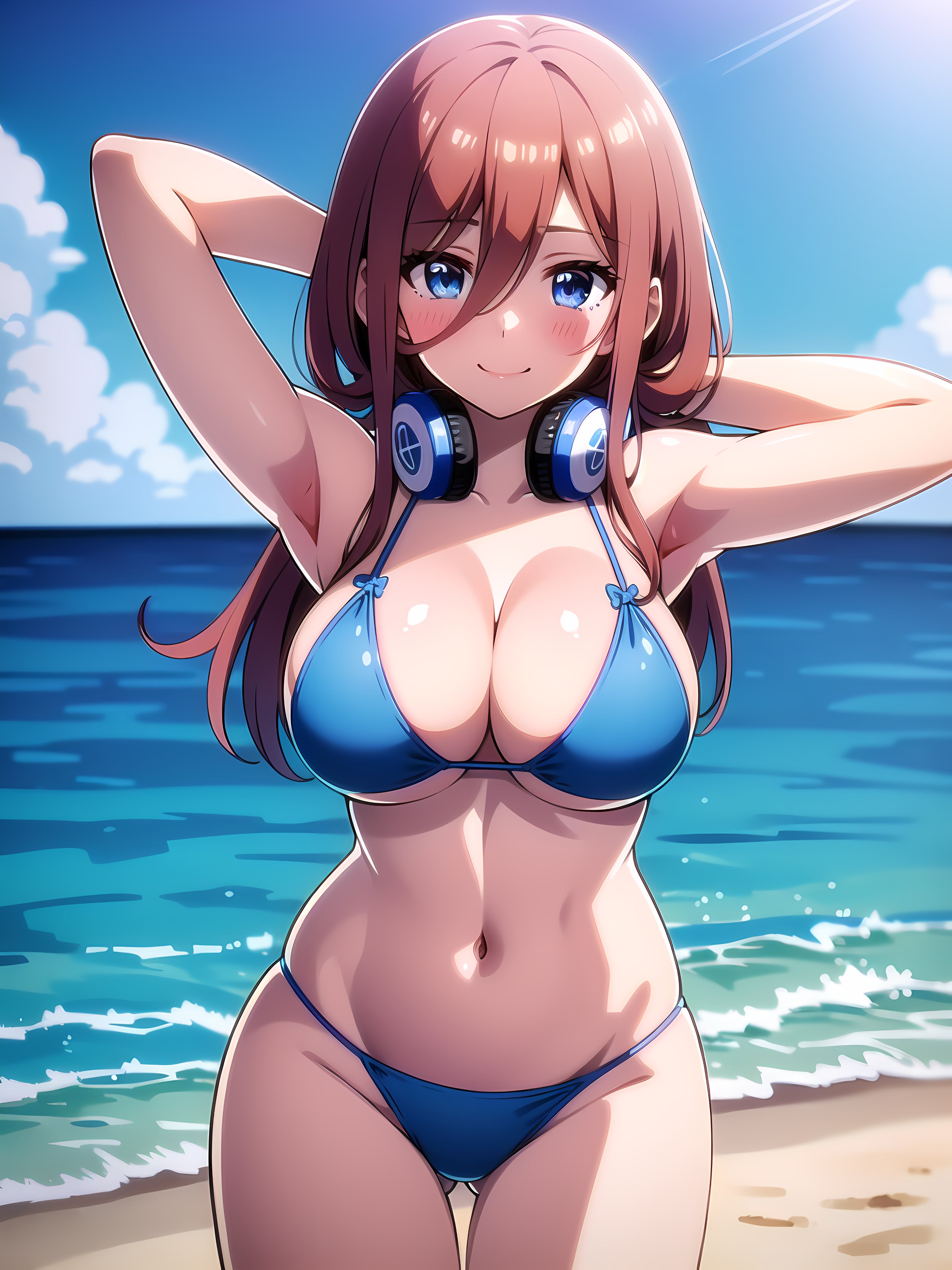 1girls, ai generated, armpits, arms behind head, beach, big breasts, bikini, blue bikini, blue eyes, breasts, brown hair, busty, female, female only, go-toubun no hanayome, headphones, large breasts, legs, looking at viewer, nakano miku, navel, ocean, pose, posing, sensual, sexy armpits, smile, solo, thighs, voluptuous, water