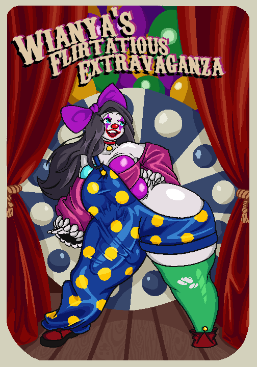 1boy background big_penis blue_eyes circus clown fake_breasts femboy grey_hair long_hair noicenya smile solo thick_thighs thighs wianya