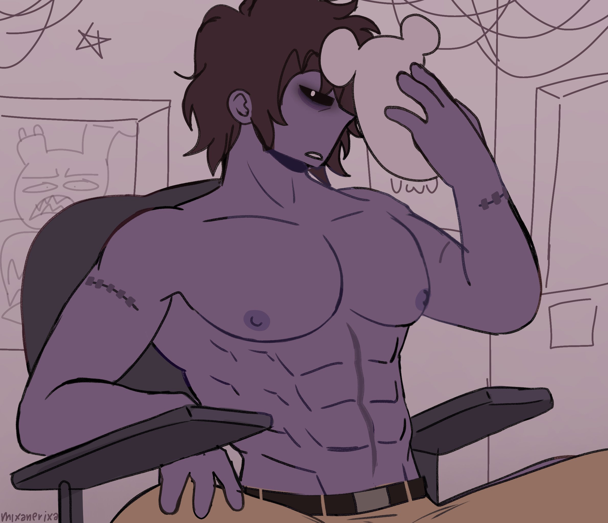 abs, black eyes, brown hair, five nights at freddy's, gay, legs apart, looking at viewer, male, male focus, mask, michael afton, mixanprixa, muscular, muscular male, nipples, pants, pecs, purple skin, shirtless, simple background, sitting, uwu