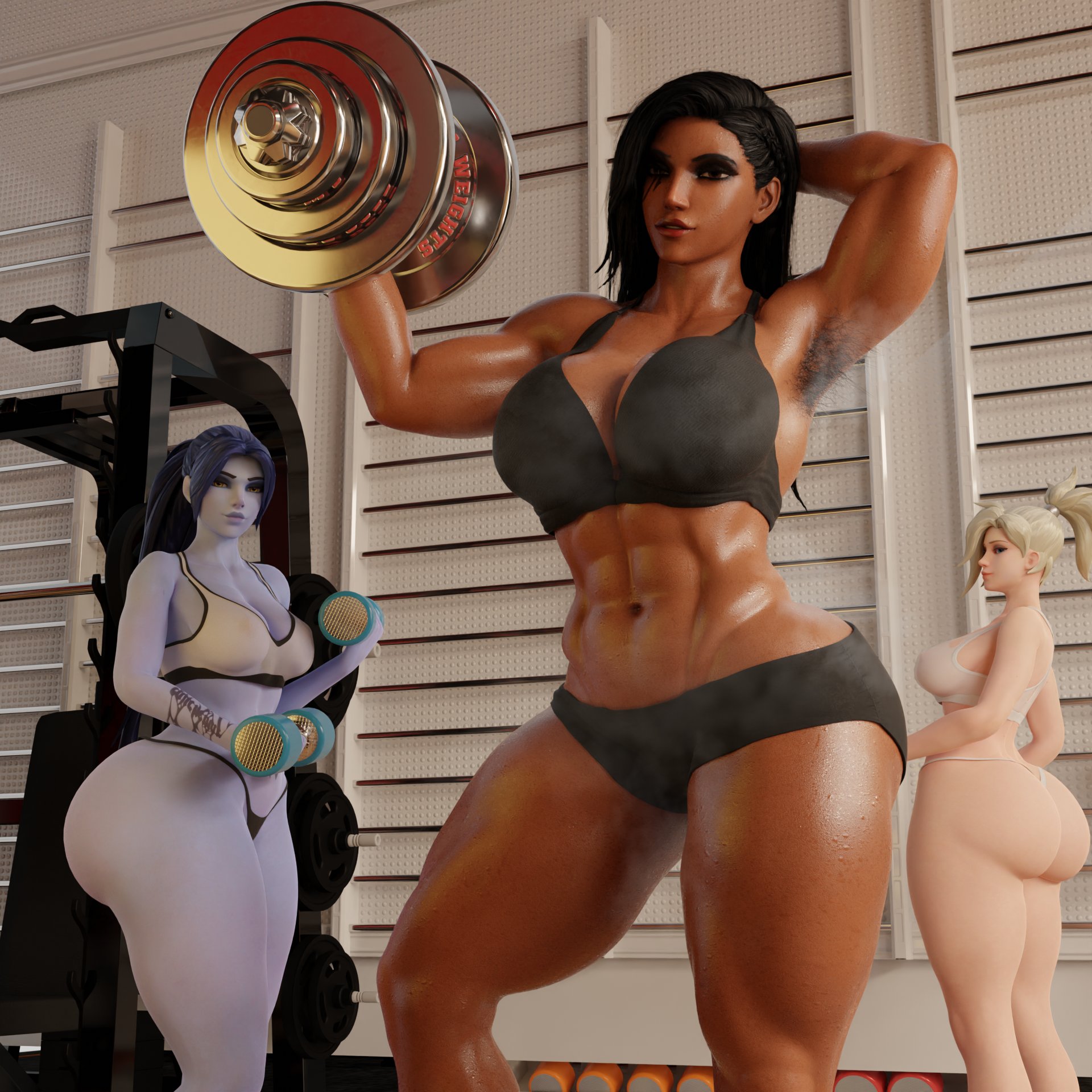 3d, 3girls, activision, amelie lacroix, arabian, arabian female, armpit hair, ass, athletic, athletic female, big ass, big breasts, black hair, blizzard entertainment, blonde hair, breasts, brown body, brown eyes, brown hair, brown skin, brown-skinned female, busty, chocolate and vanilla, cleavage, dark skin, dark-skinned female, dumbbell, egyptian, egyptian female, fareeha amari, female, female armpit hair, fit, fit female, hairy armpits, hips, human, kaylzara, kaylzart, large ass, large breasts, legs, light skin, light-skinned female, lips, mature, mature female, mercy, middle eastern, middle eastern female, olive skin, overwatch, overwatch 2, pharah, smelly armpits, thick, thick legs, thick thighs, thighs, toned, toned female, upper body, waist, wide hips, widowmaker