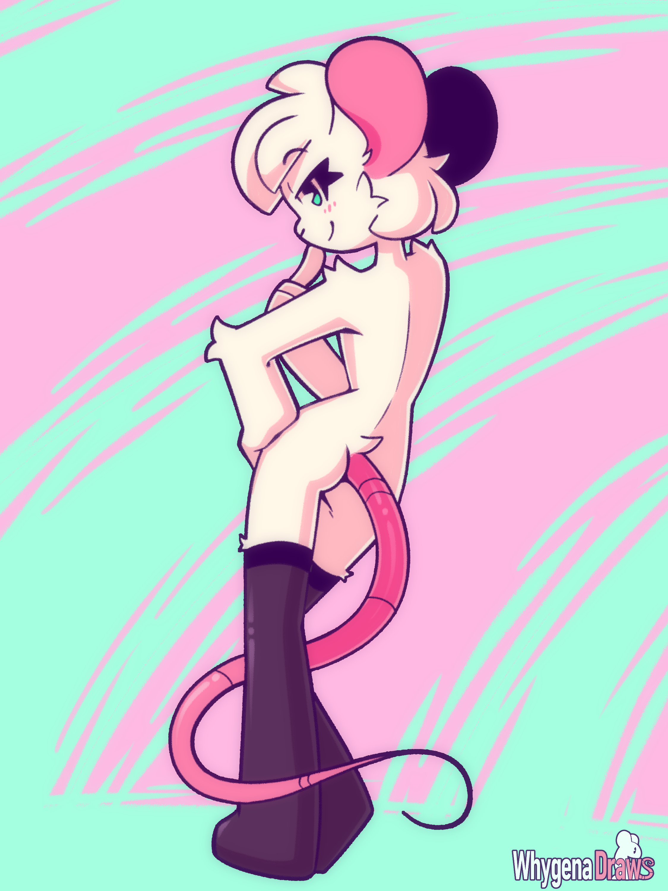 1boy, almost naked, anthro, ass, bedroom eyes, blush, femboy, furry, girly, looking at viewer, male, male only, mouse, nude, reggie (whygena), rodent, rodent humanoid, solo, stockings, tail, thighhighs, watermark, white fur, whygena